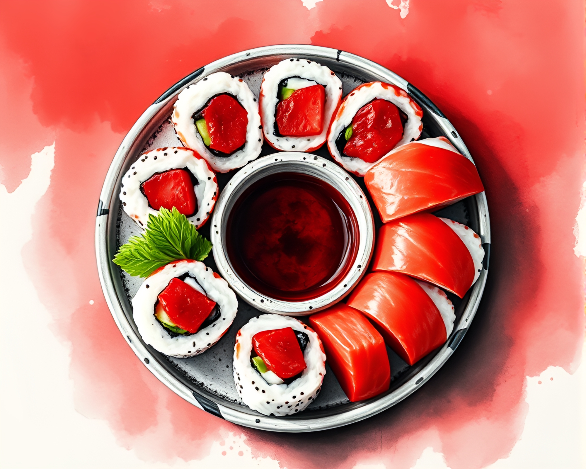Zen Centered Sushi Platter in Ruby Red Ink Wash – free AI stock image