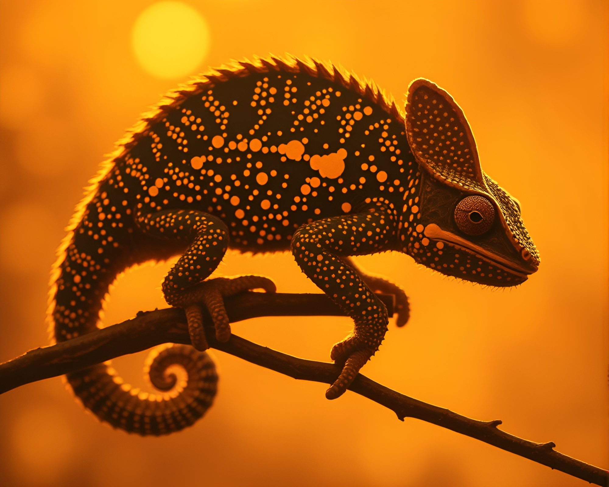 Chameleon blending in morning pointillist ambience – free AI stock image