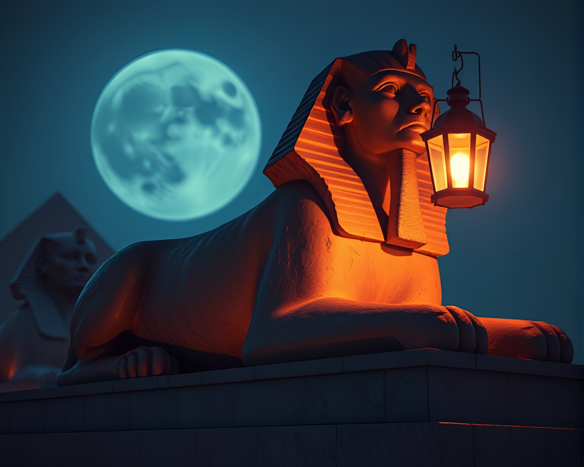 Sphinx Statue in Lantern Light, Lens Distortion Illustration – free AI stock image