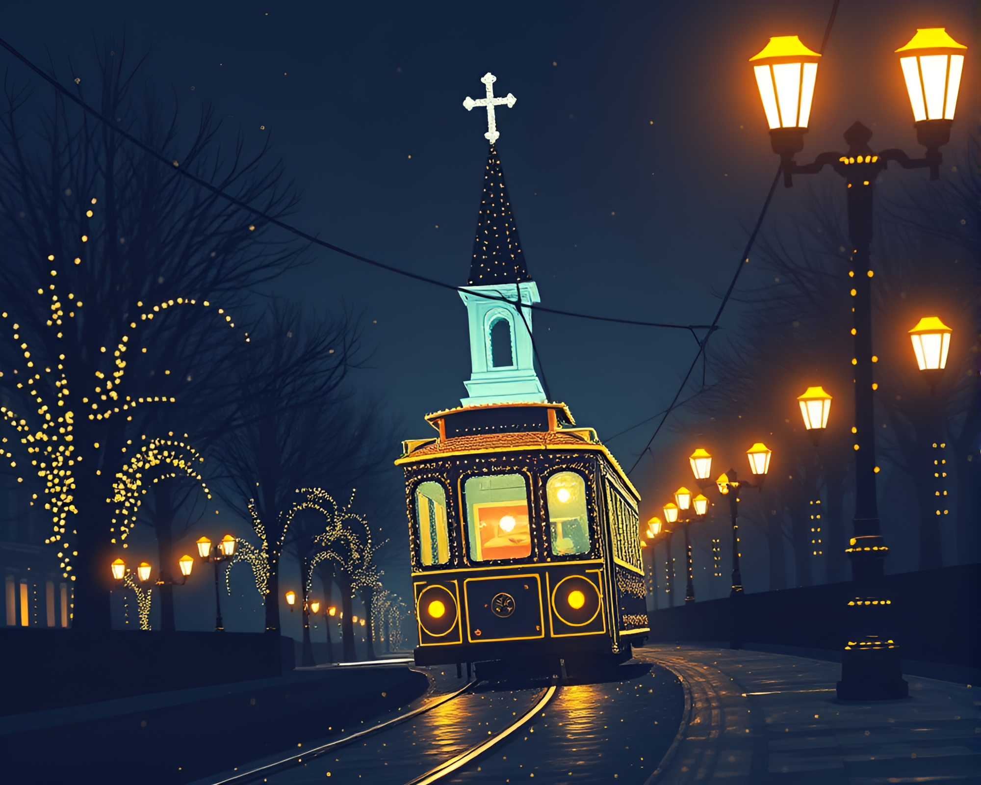 Pointillist Cable Car Glowing in Church Candlelight – free AI stock image