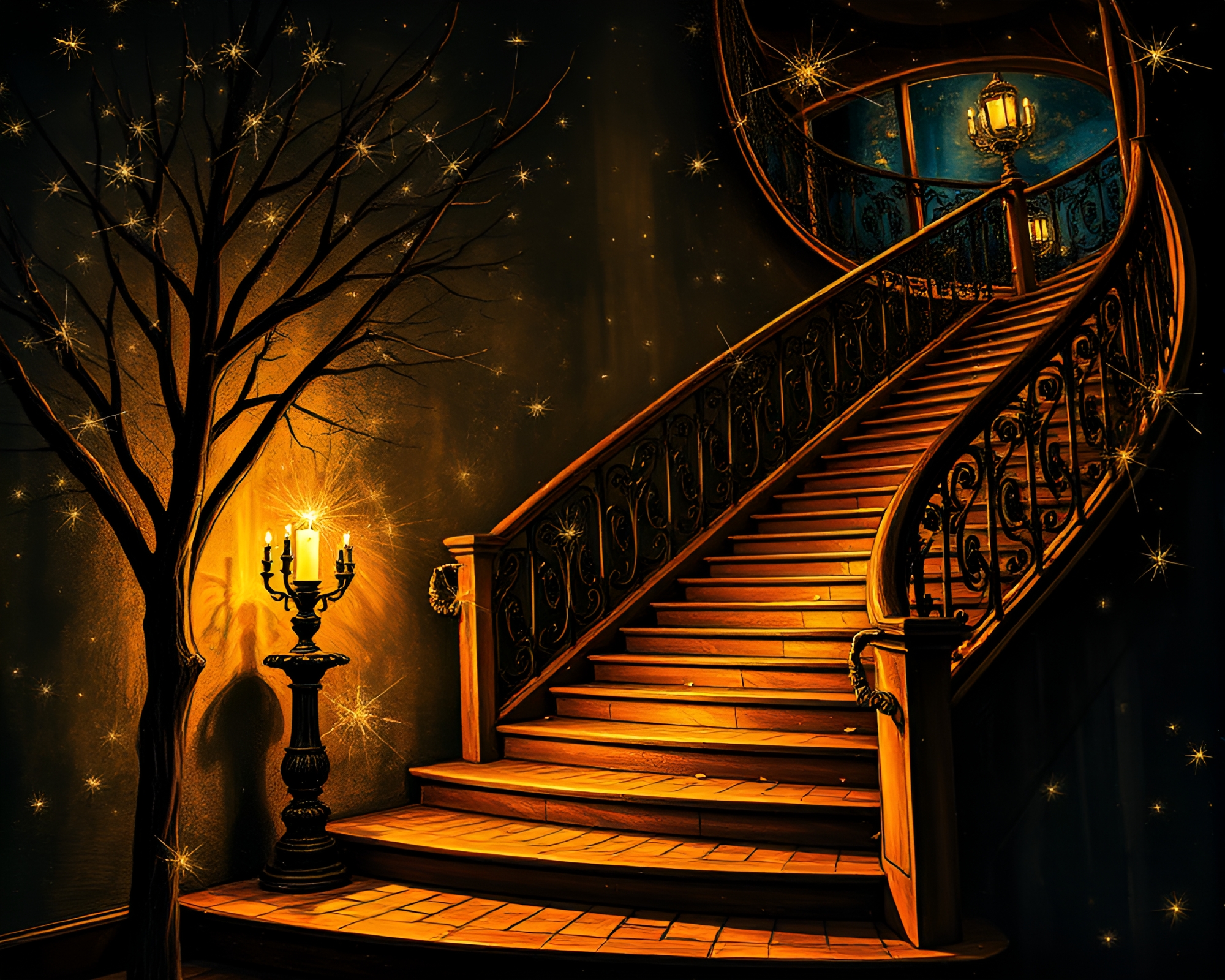 Surreal Escher Staircase with Sparkler Trails – free AI stock image