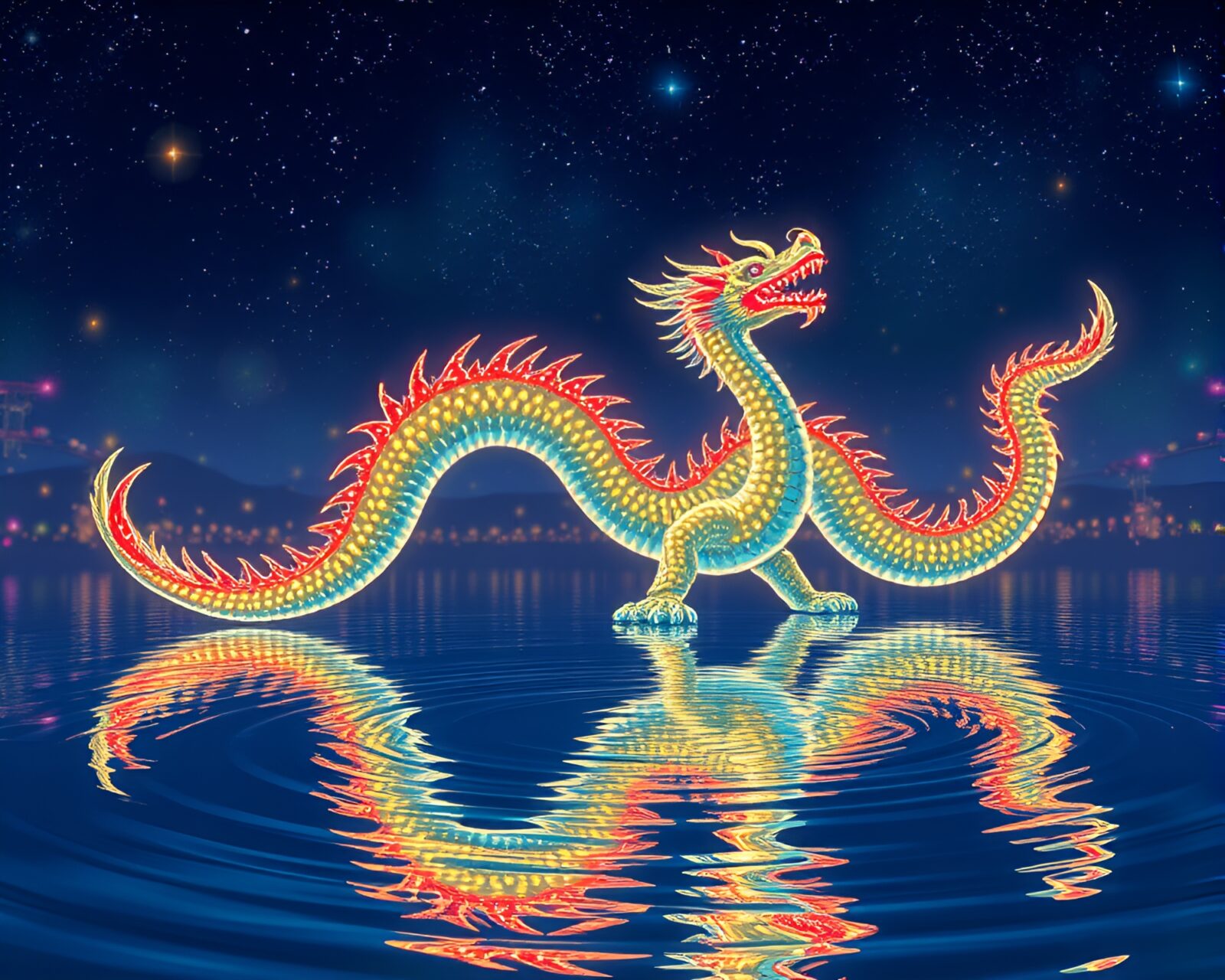 Fashion illustration of a celestial dragon with water ripples