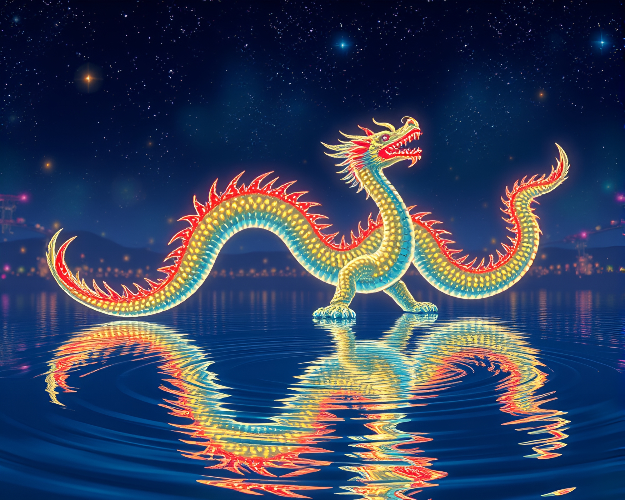 Celestial Dragon Reflecting in Carnival Lights – free AI stock image