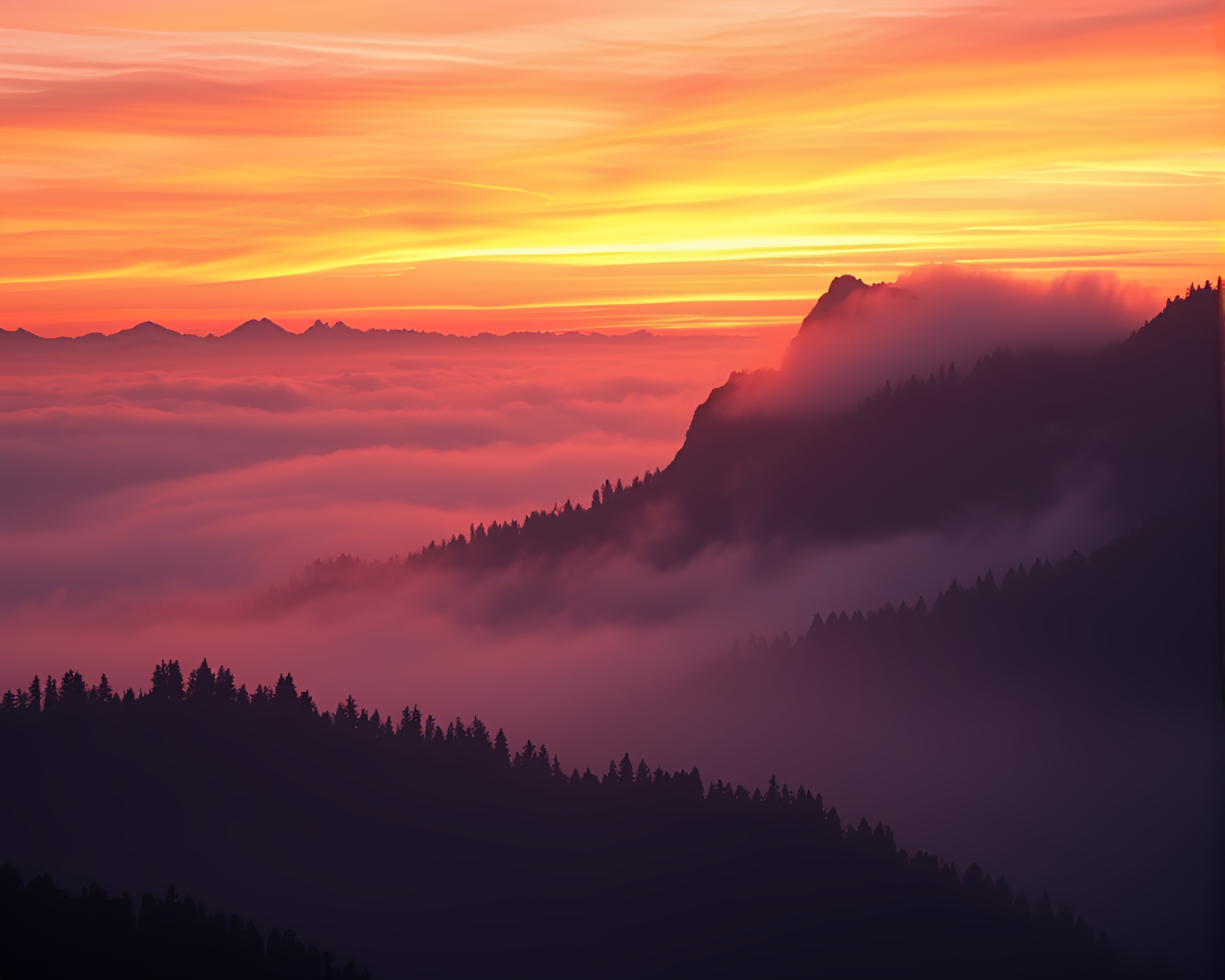 Mist-shrouded Mountain in Retrowave Sunset Zoom Burst – free AI stock image