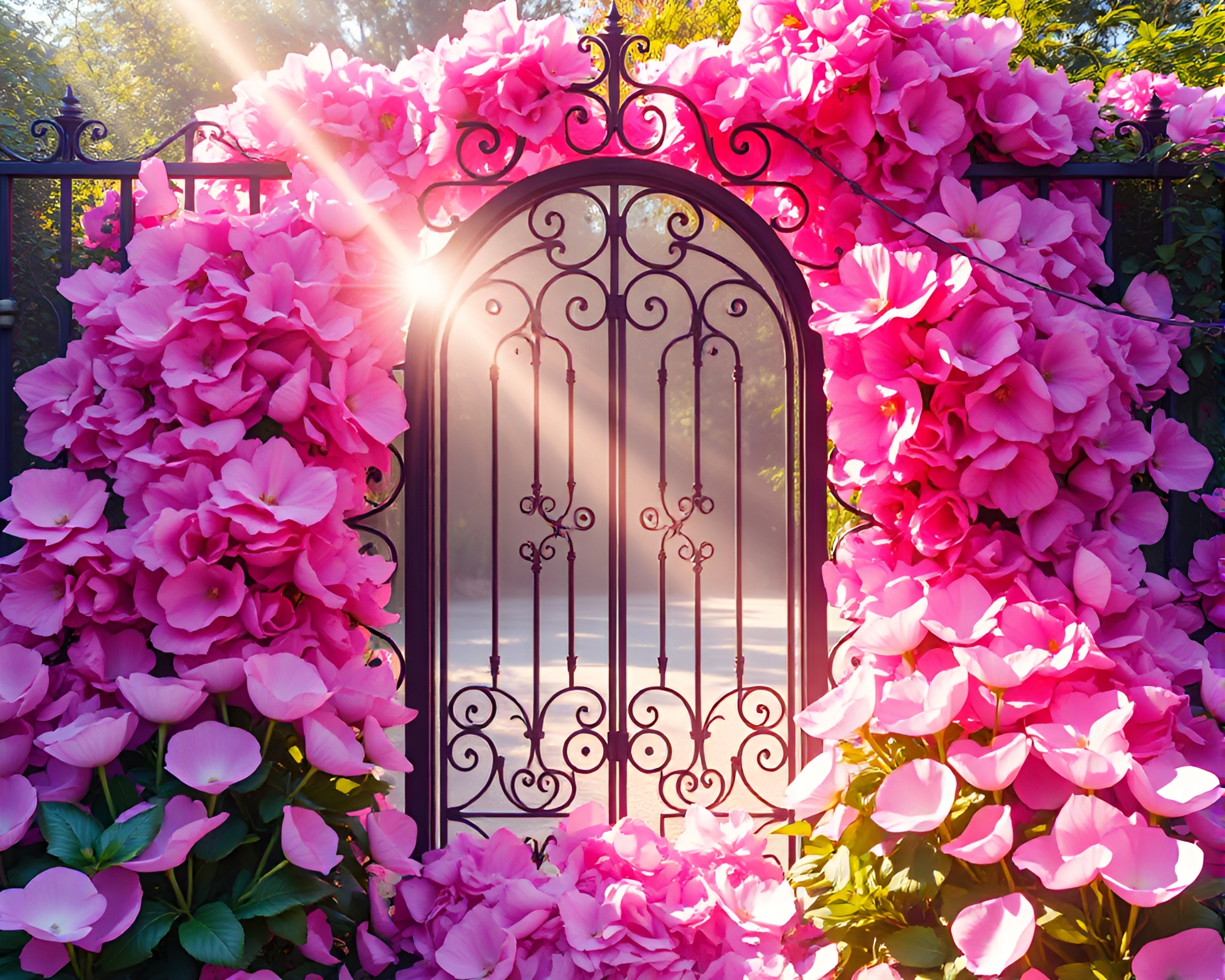 Vibrant Petal Starburst Through Wrought Iron Gate – free AI stock image