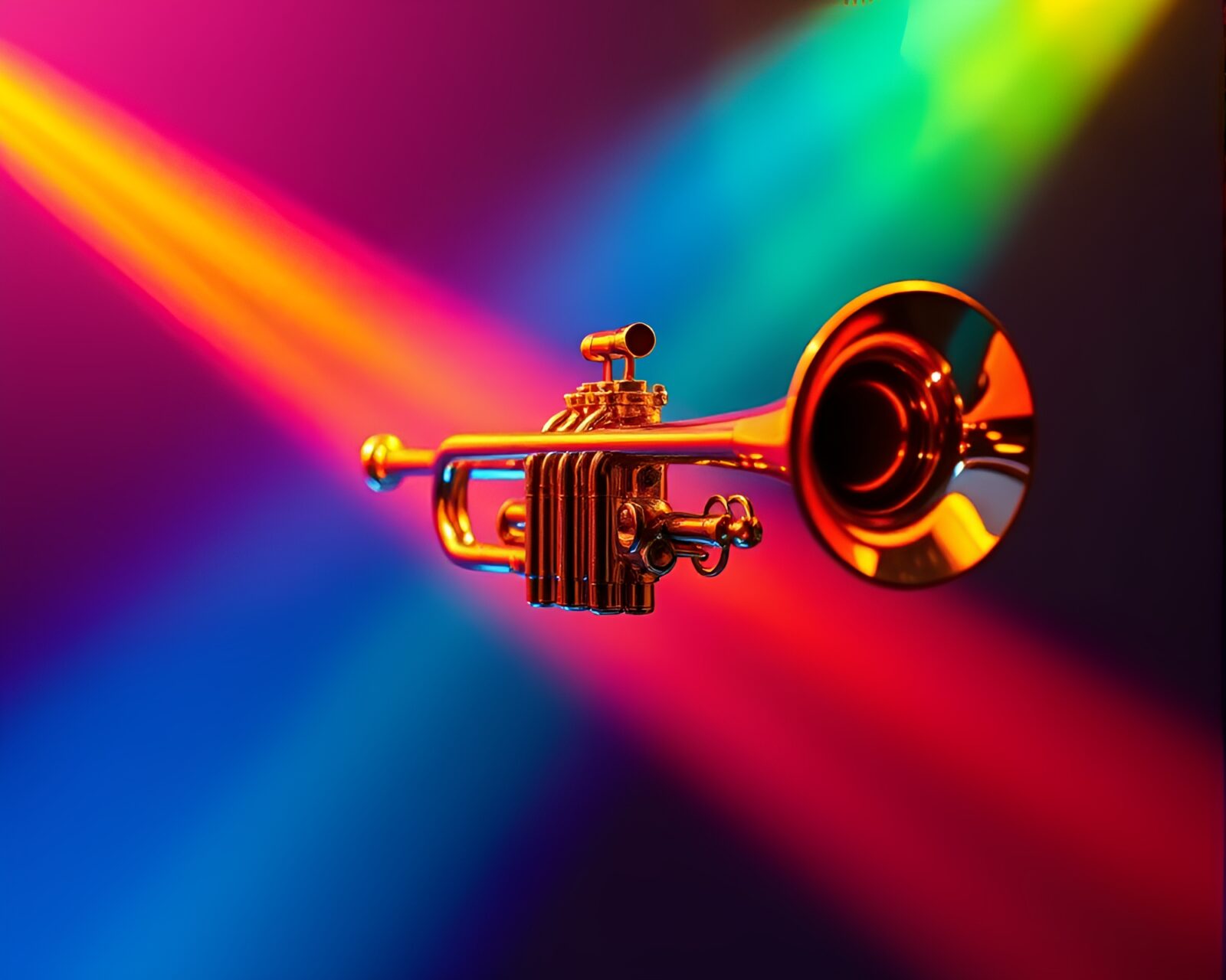 Glistening trumpet in rainbow hues under spotlight focus