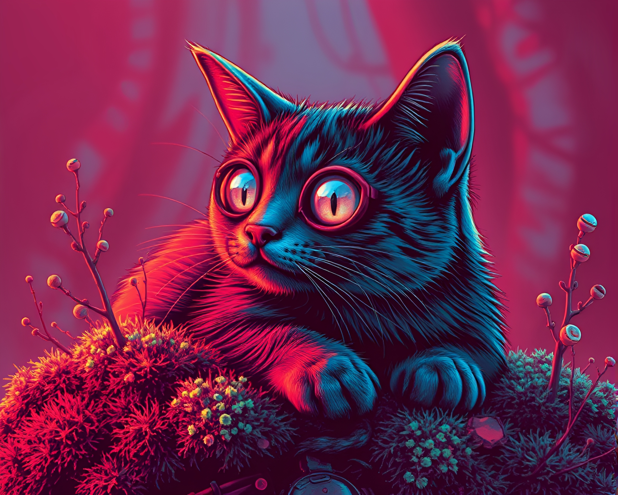 Steampunk Holographic Pet surrounded by Moss Growth – free AI stock image