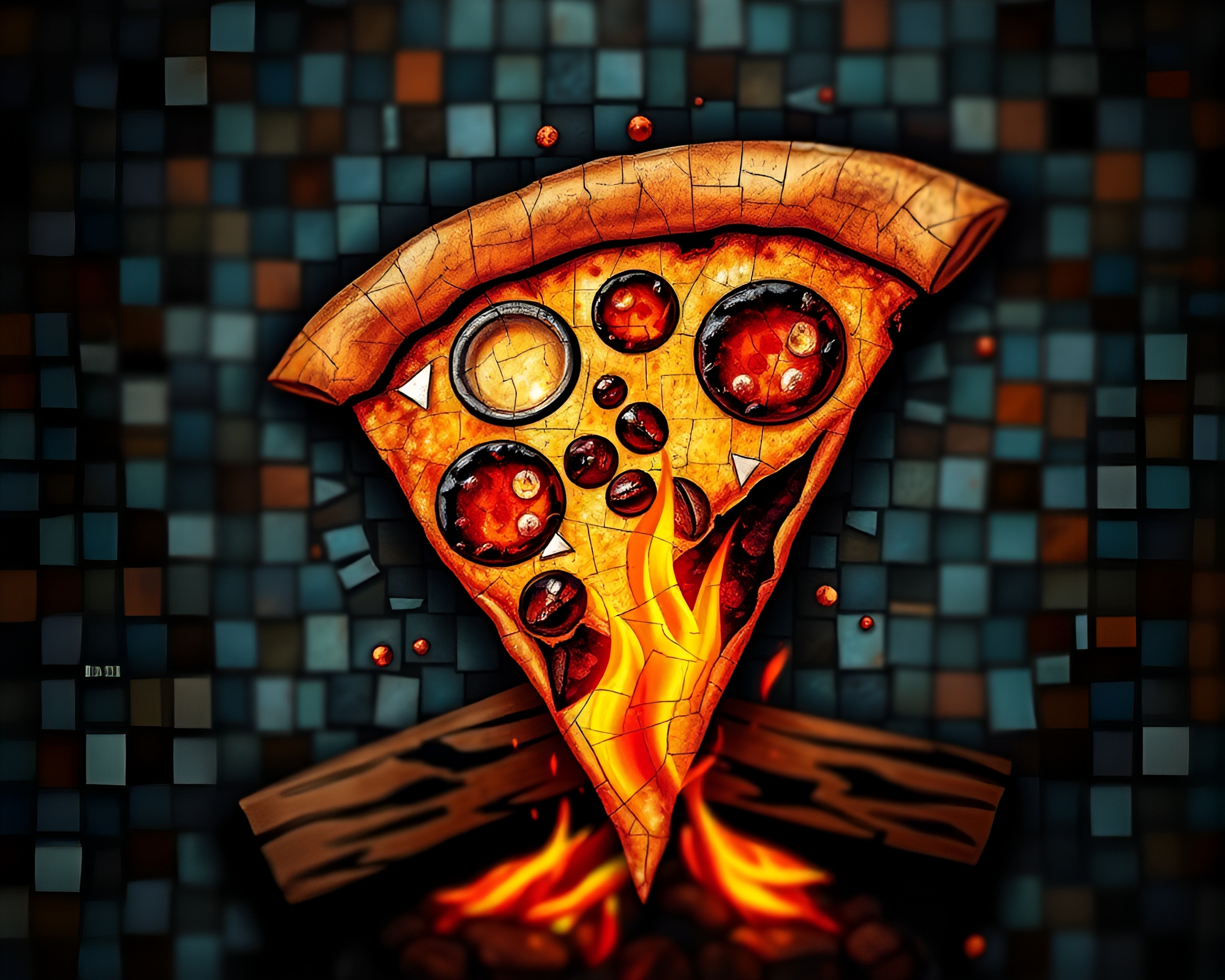 Surreal Pizza Mosaic by Fireplace Light – free AI stock image