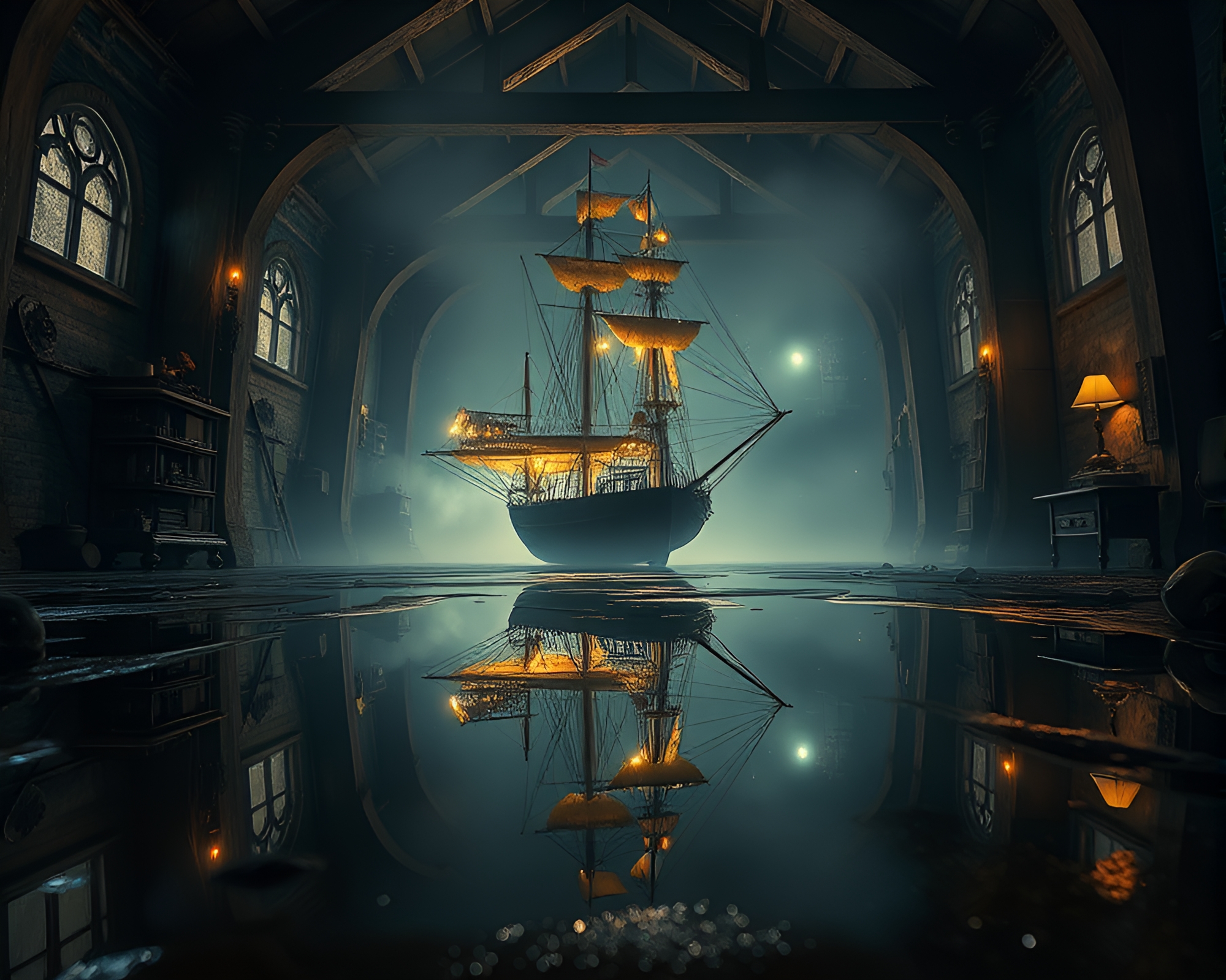 Steampunk Airship Reflecting in Attic Shadow Puddle – free AI stock image