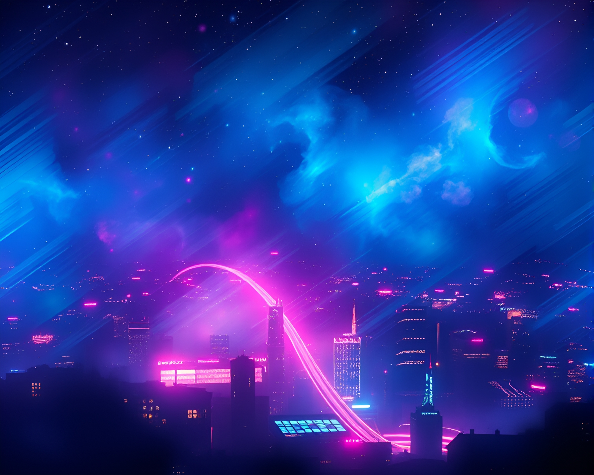 Celestial Neon City in Ultraviolet Style Art – free AI stock image