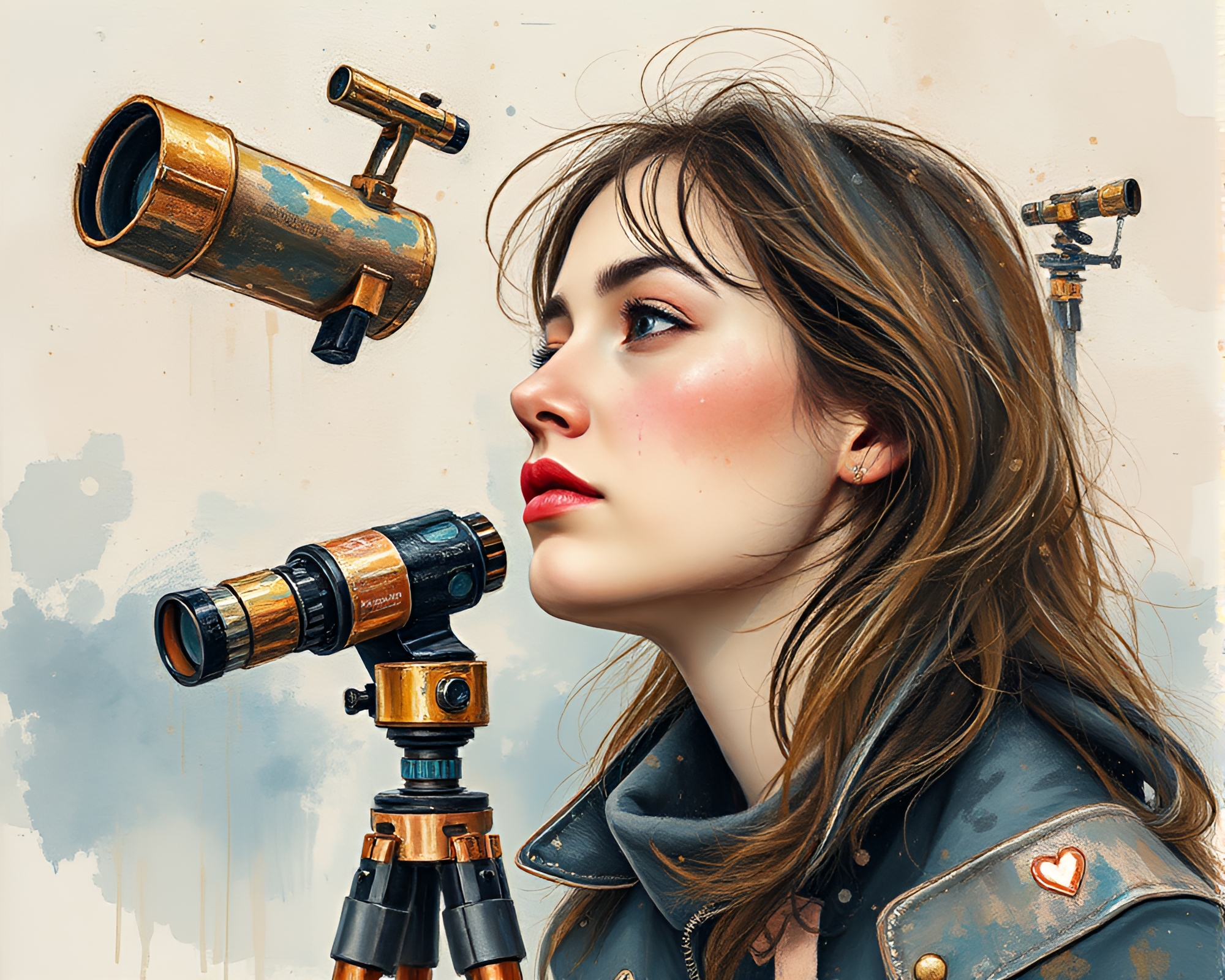 Exploring with Rose Gold: Mixed Media Telescope Portrait – free AI stock image