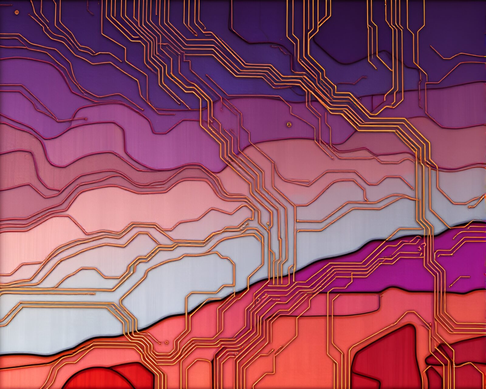 Abstract desert-hued stained-glass window with circuit board patterns