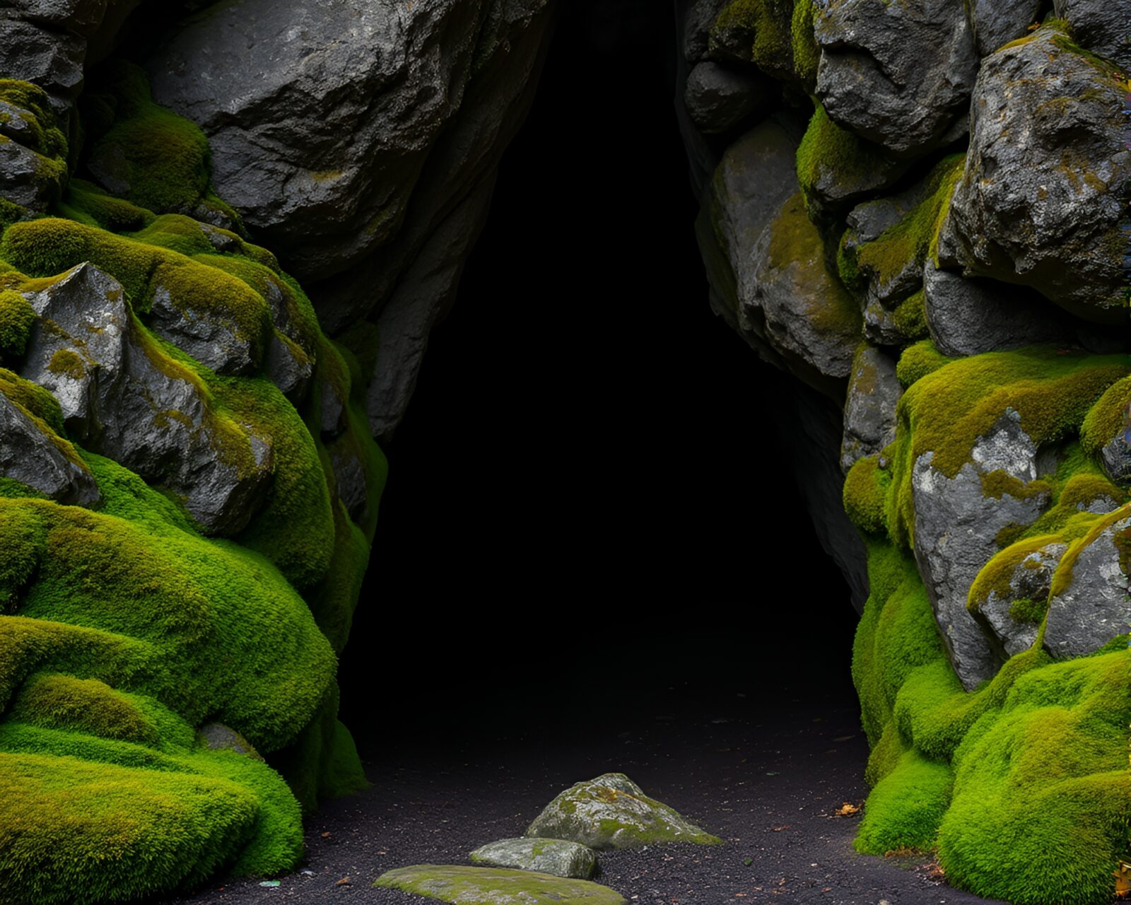 Dramatic contrast of vibrant moss on dark cave wall