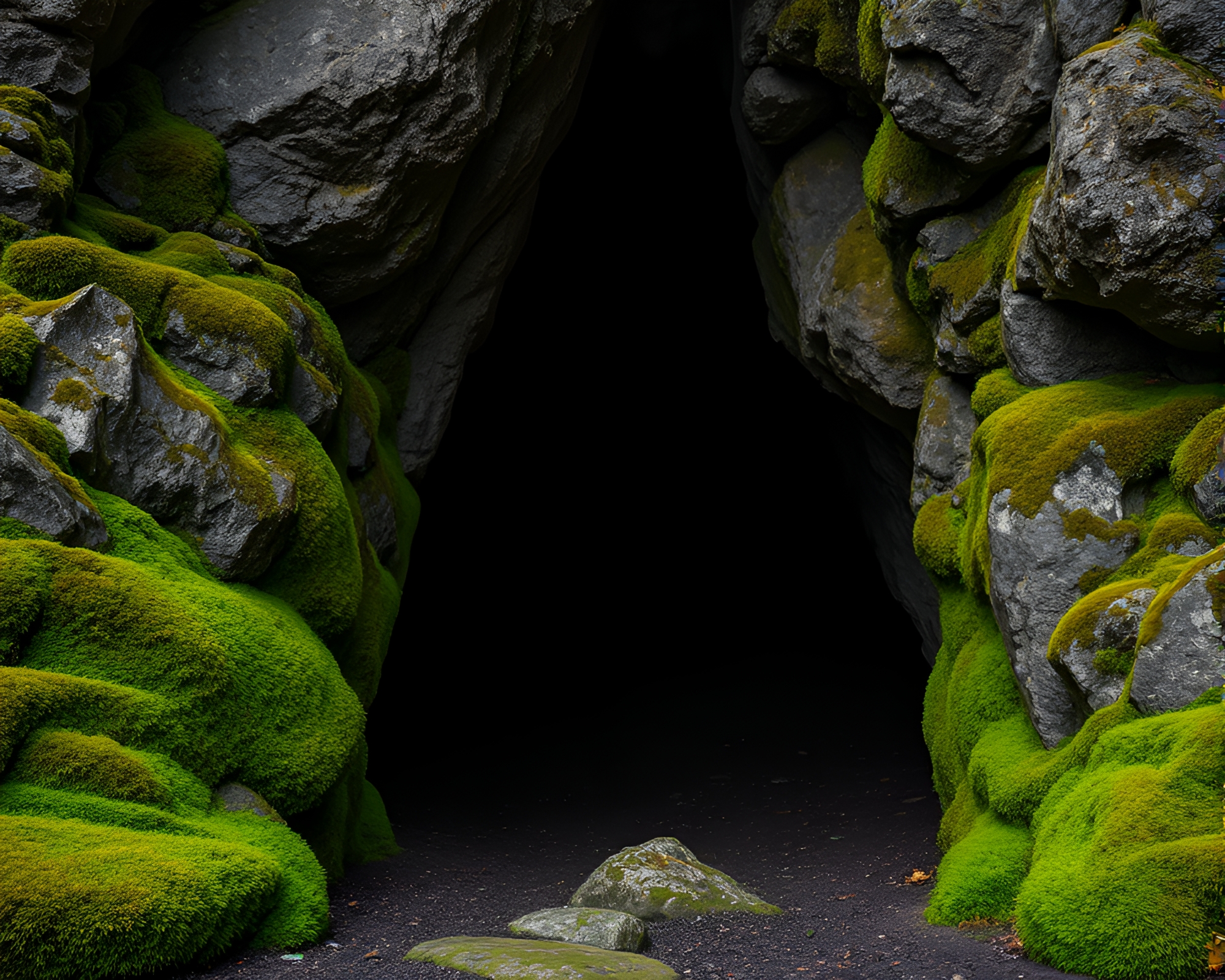 Vivid Moss-Covered Rock at Cave Entrance – free AI stock image