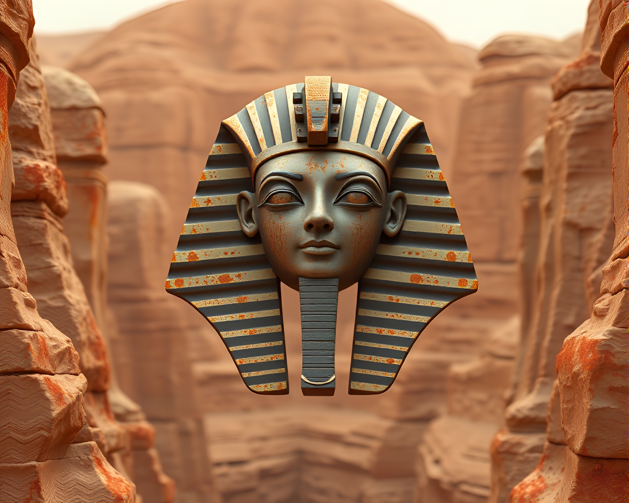 Pharaoh’s Mask in Canyon Rust Low-Poly Composition – free AI stock image