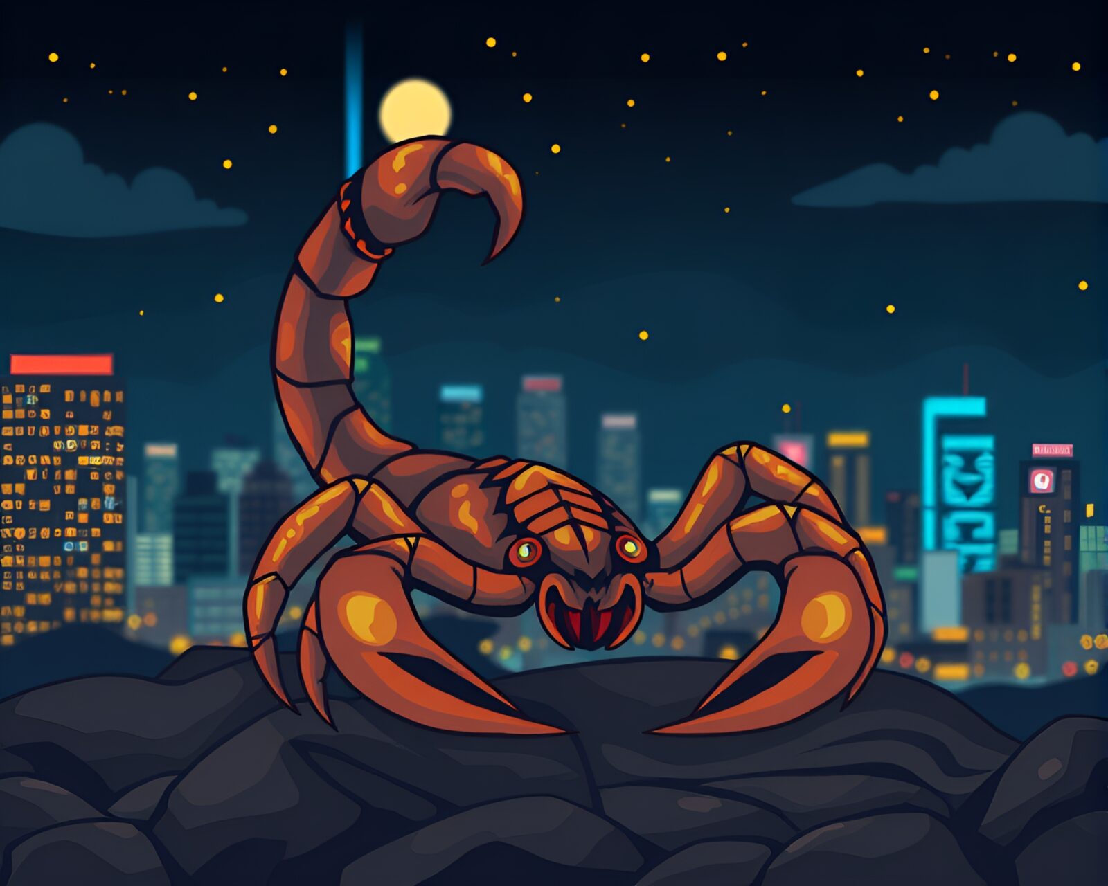 Flat color image of scorpion motif woven into city lights
