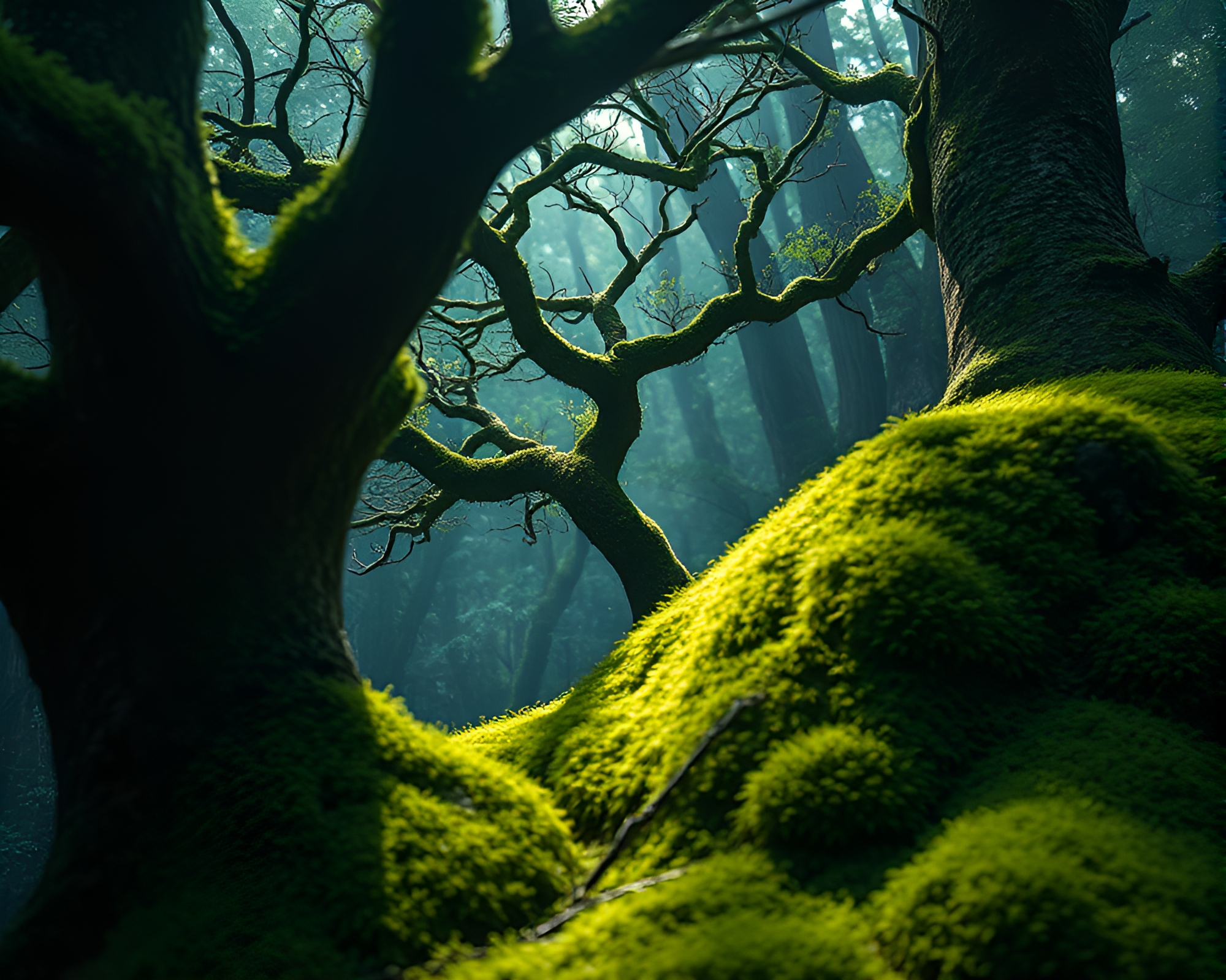 Ancient Tree Glowing in Ultraviolet Moss – free AI stock image