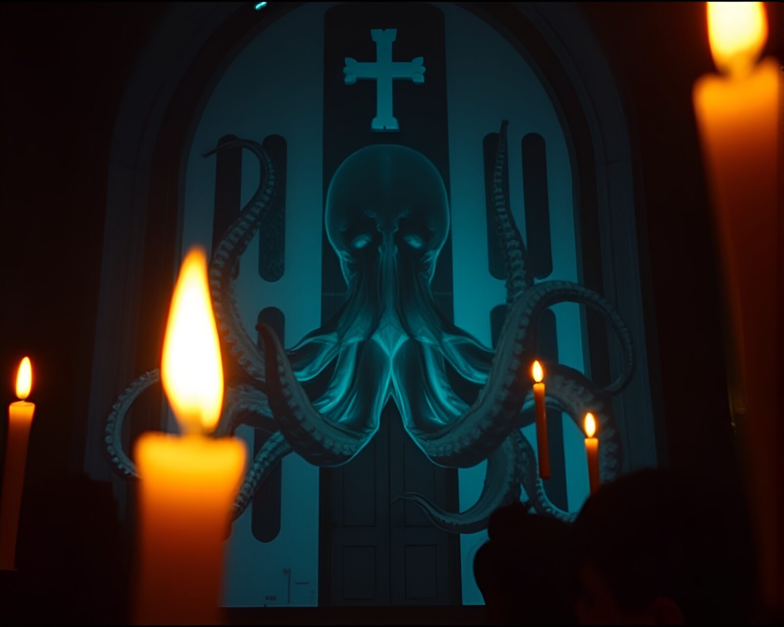 Glowing octopus in x-ray style surrounded by film burns