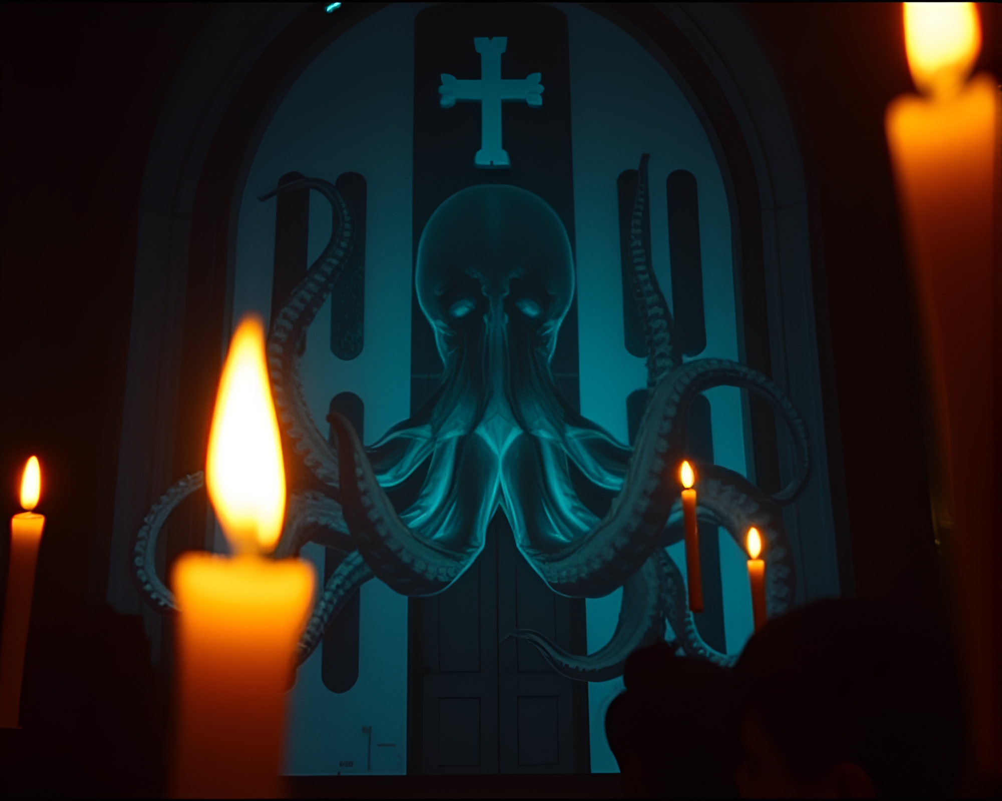 Surreal Octopus X-Ray in Candlelight with Film Burns – free AI stock image