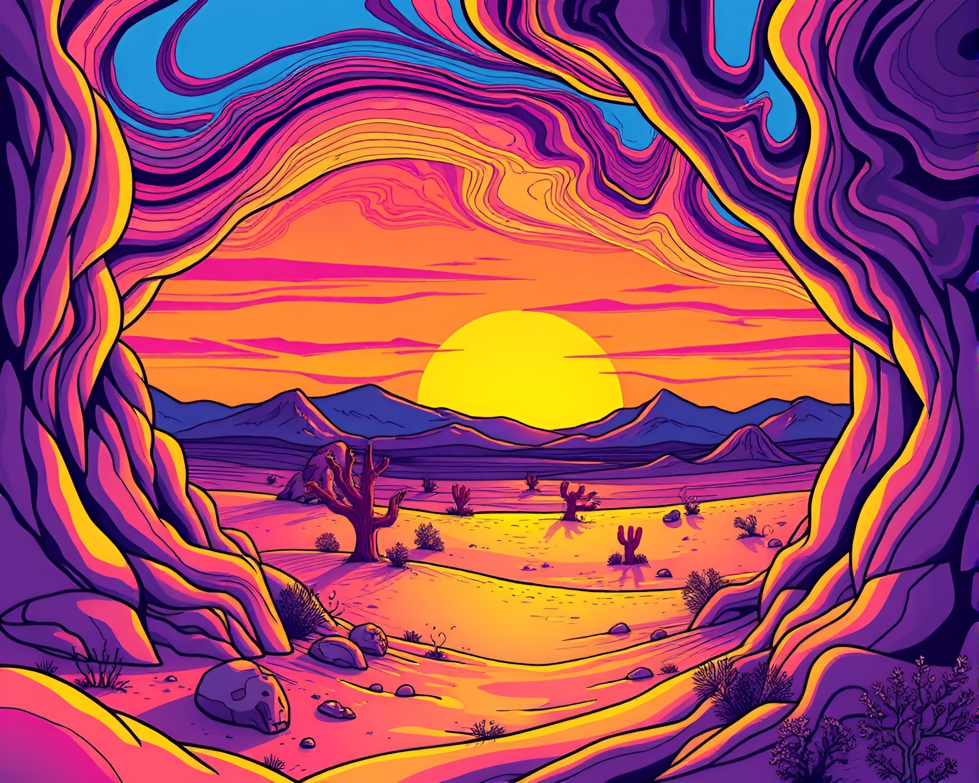 Psychedelic Desert Sunset Toon Frame within Frame – free AI stock image