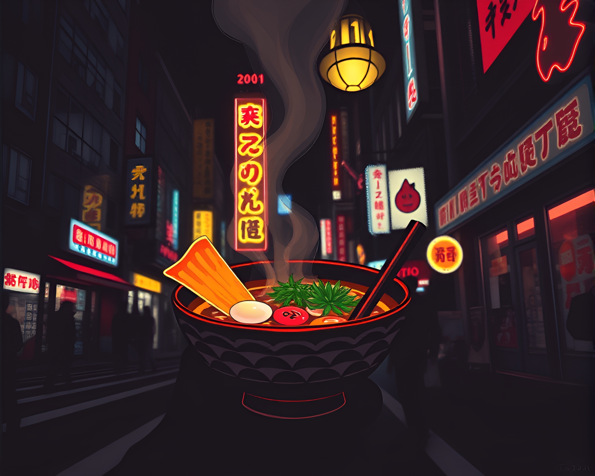 Data Ramen Bowl in Neon Shadow Cityscape – free AI stock image