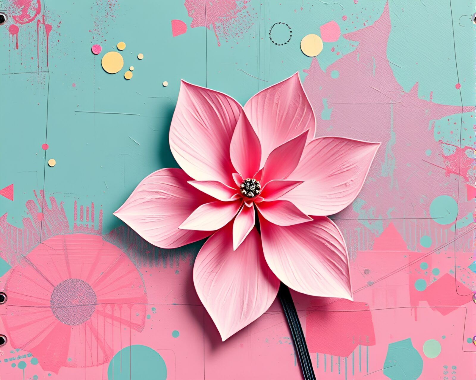 Colorful origami flower arrangement with linocut textures on graffiti wall