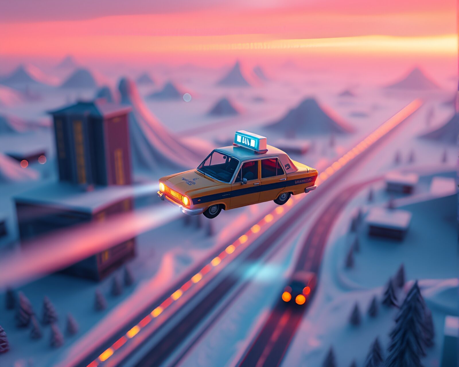 Chromatic aberration Voxel art Hover Taxi at polar twilight