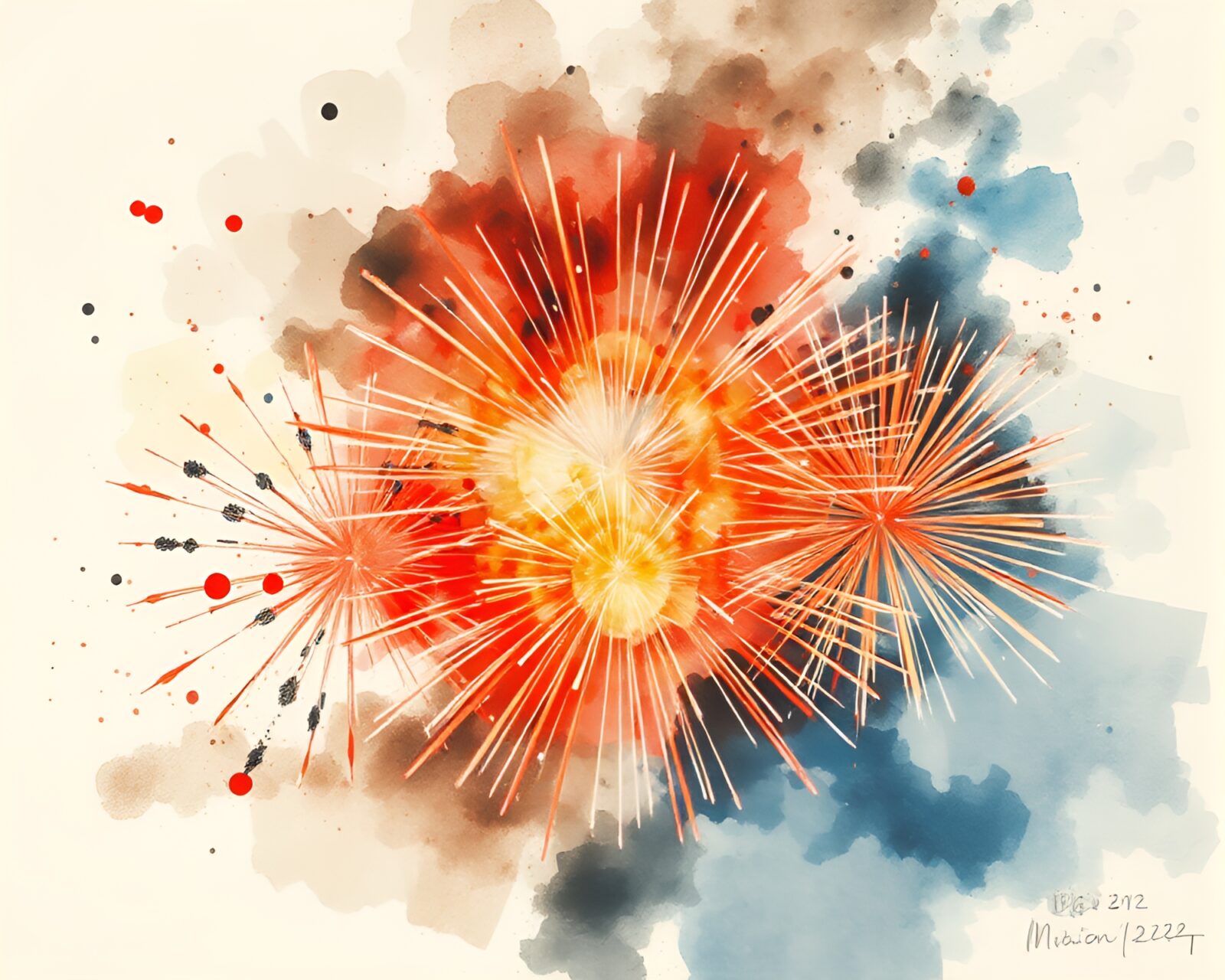 Abstract watercolor burst patterns with calligraphy strokes against lithographic background