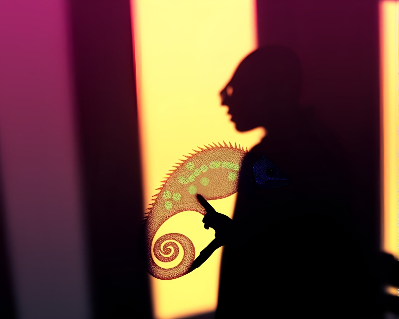 Shimmering chameleon silhouette blending into neon retrowave background