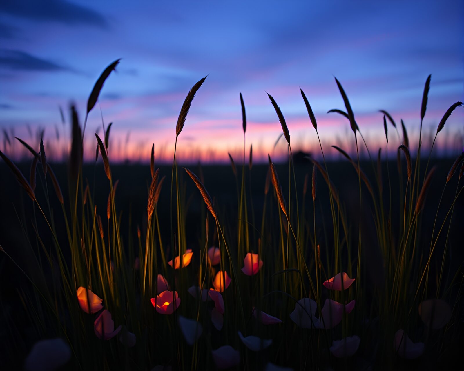 Savannah grass with flower petals at blue hour sunset