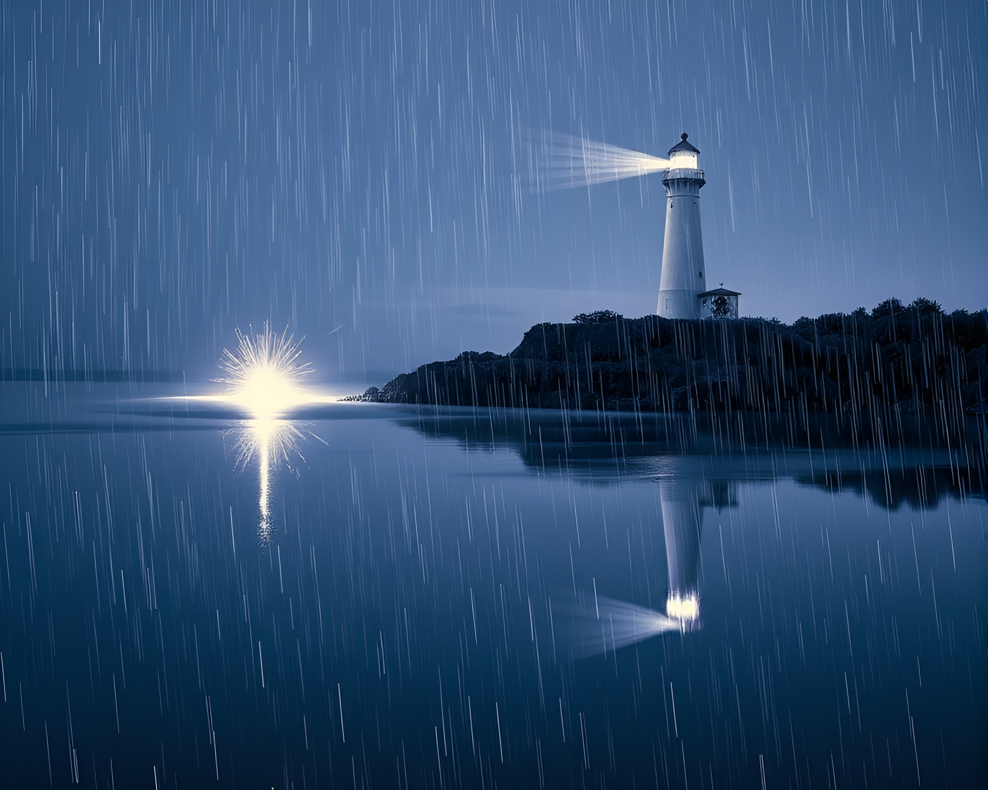 Rainy Lighthouse Glow with Sparkler Trails – free AI stock image