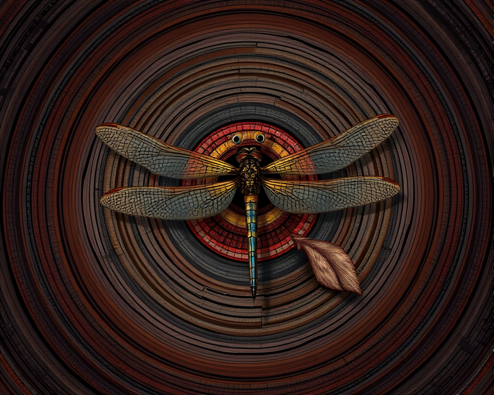 Dragonfly hovering over vibrant triadic generative tree rings.