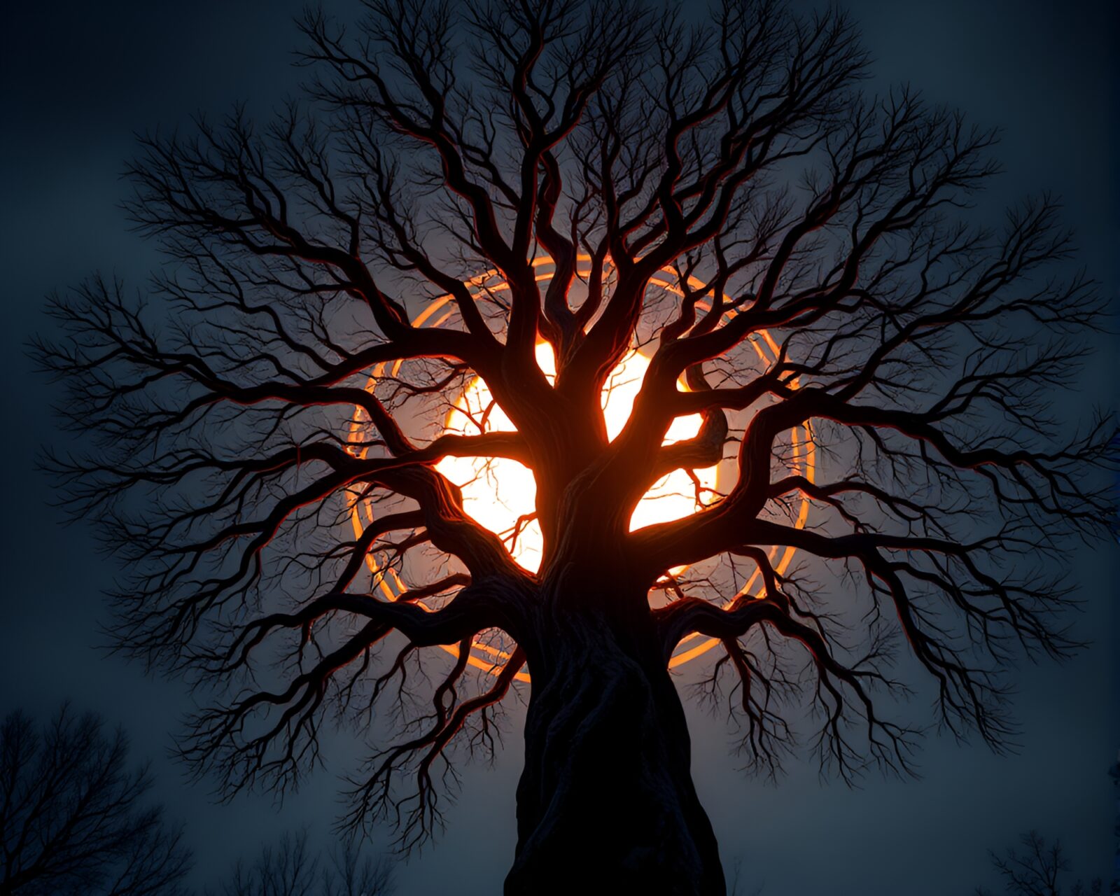 Cyborg surrounded by intricate tree ring patterns in digital art