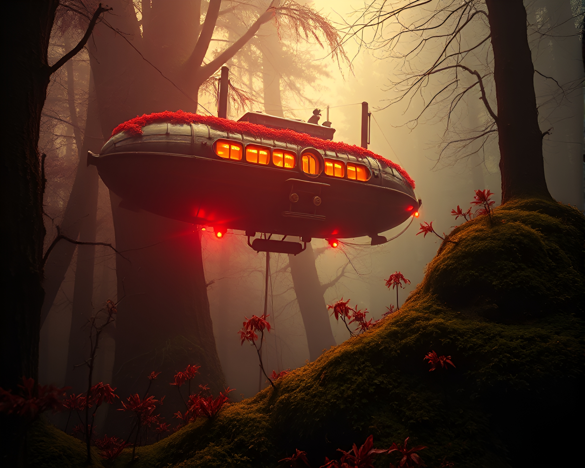 Steampunk Airship Enveloped in Infrared Moss – free AI stock image