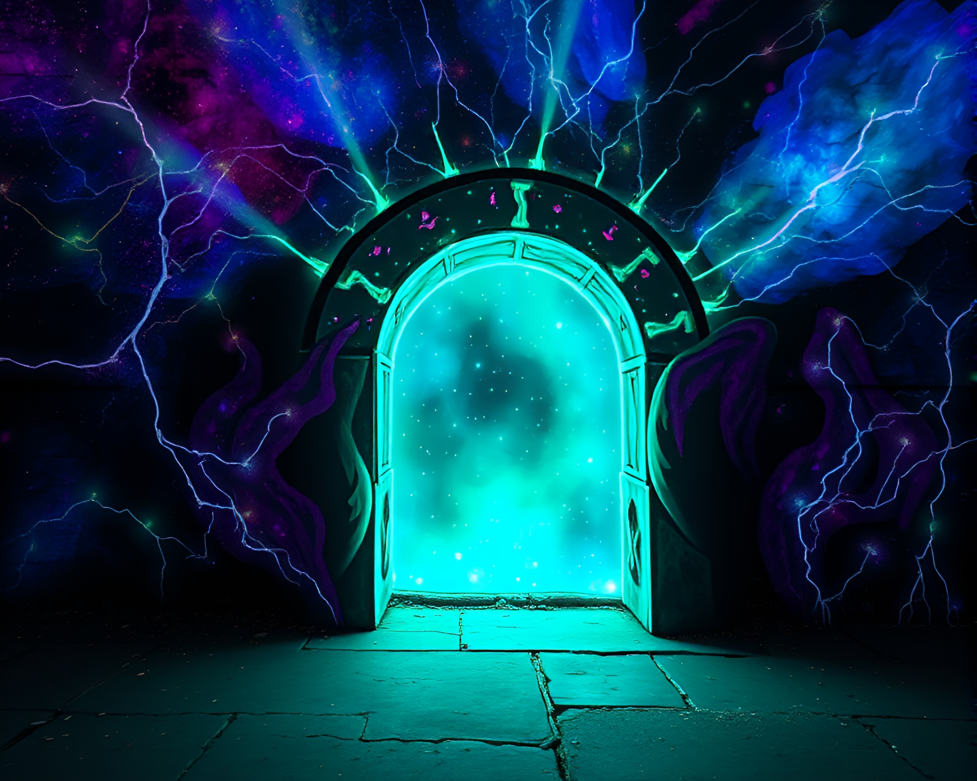 Multiverse Street Art Portal with Bioluminescent Glow – free AI stock image