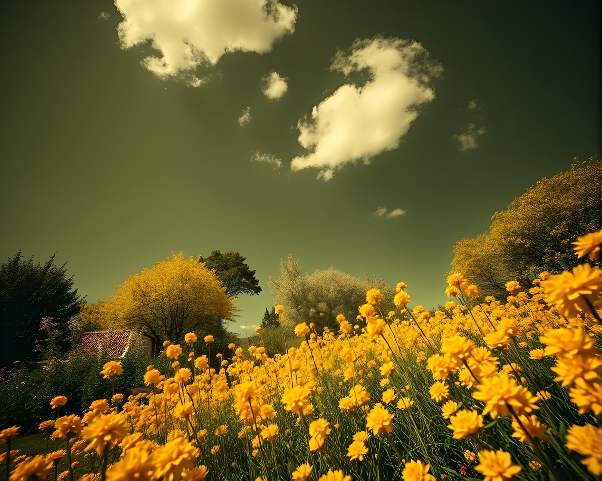 Mustard Sky Garden: Ethereal Duotone Composition – free AI stock image