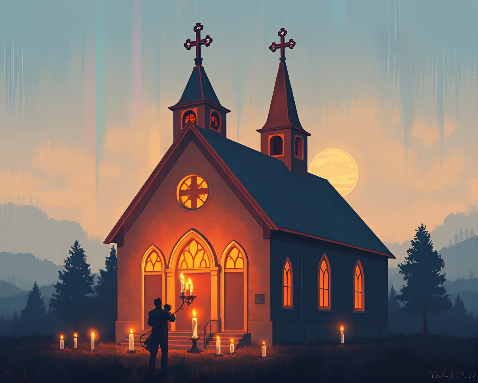 Black and white pixel art of a holographic pet in a church setting