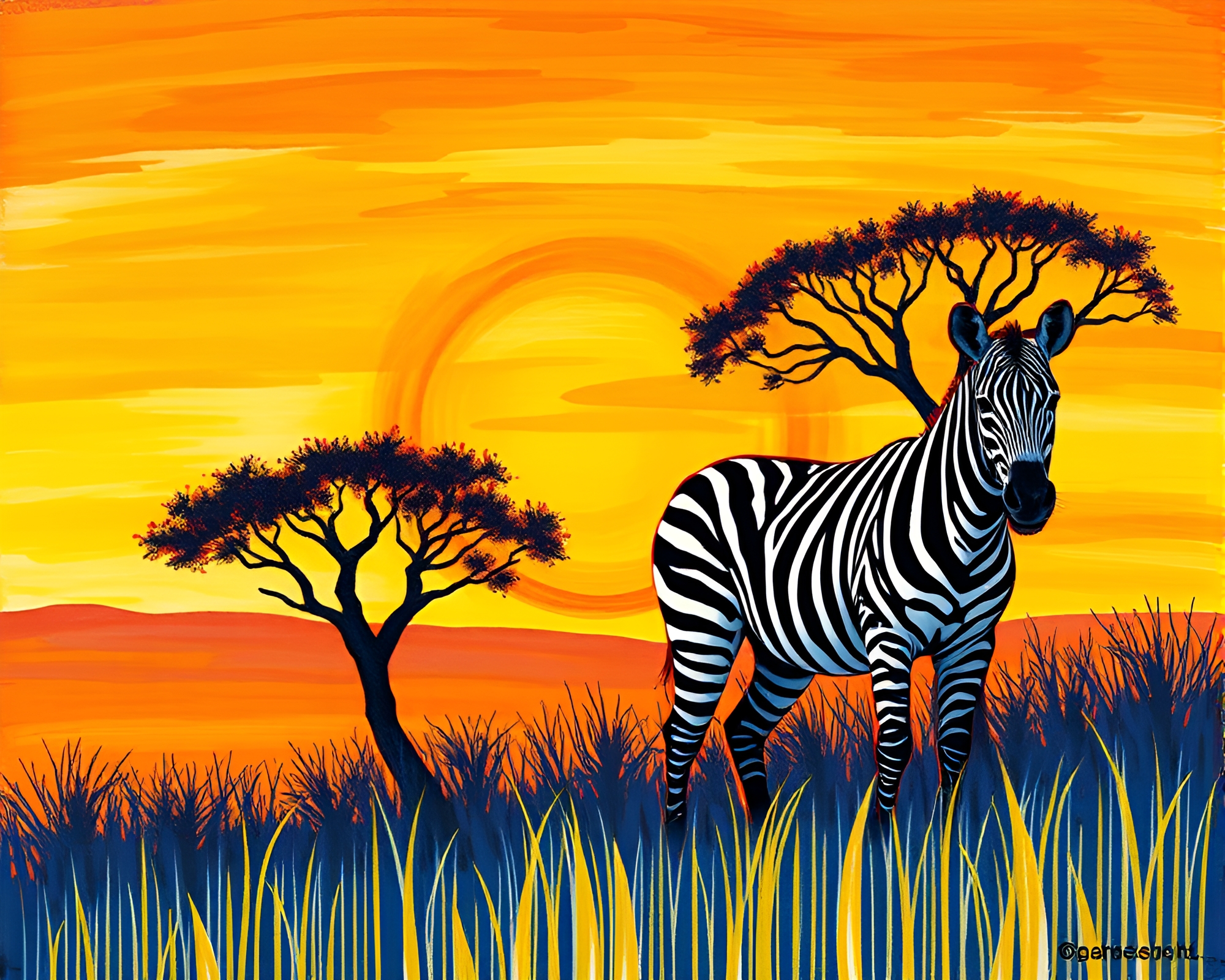 Savanna Sunset Barcode Stripe Gouache Painting – free AI stock image