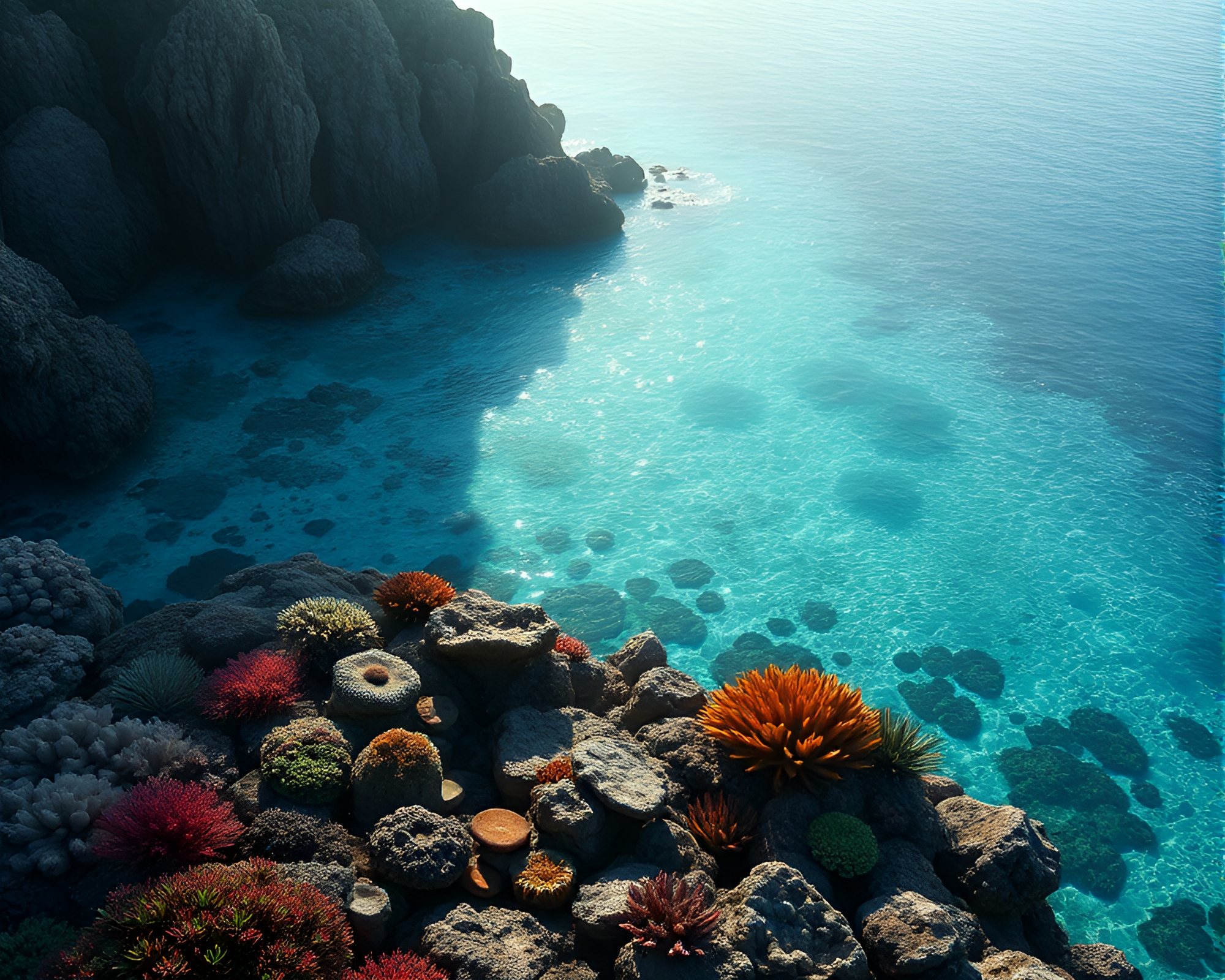 Dynamic Botanical Illustration of Coral Atoll in Muted Shadows – free AI stock image