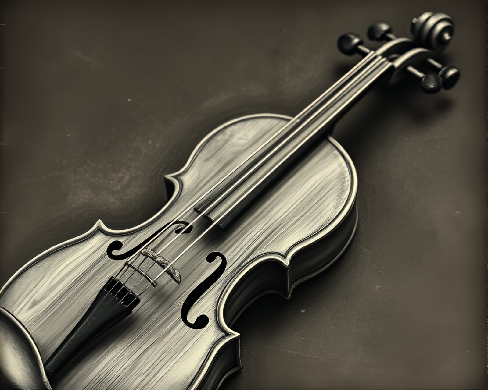A wooden violin surrounded by stippled chalk art with vintage film filter