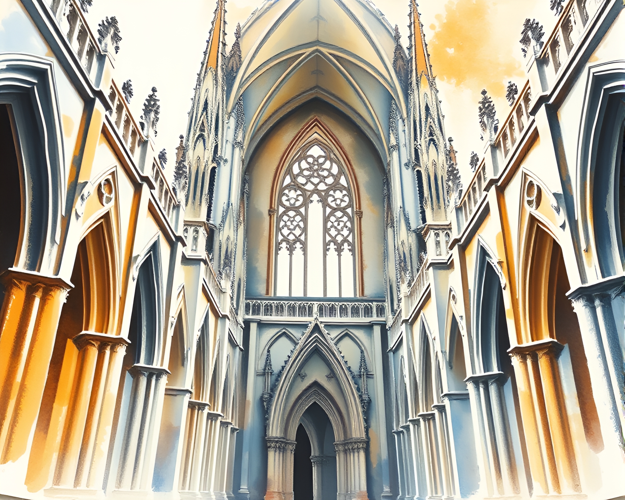 Gothic Cathedral in Watercolor at Dynamic Angle – free AI stock image