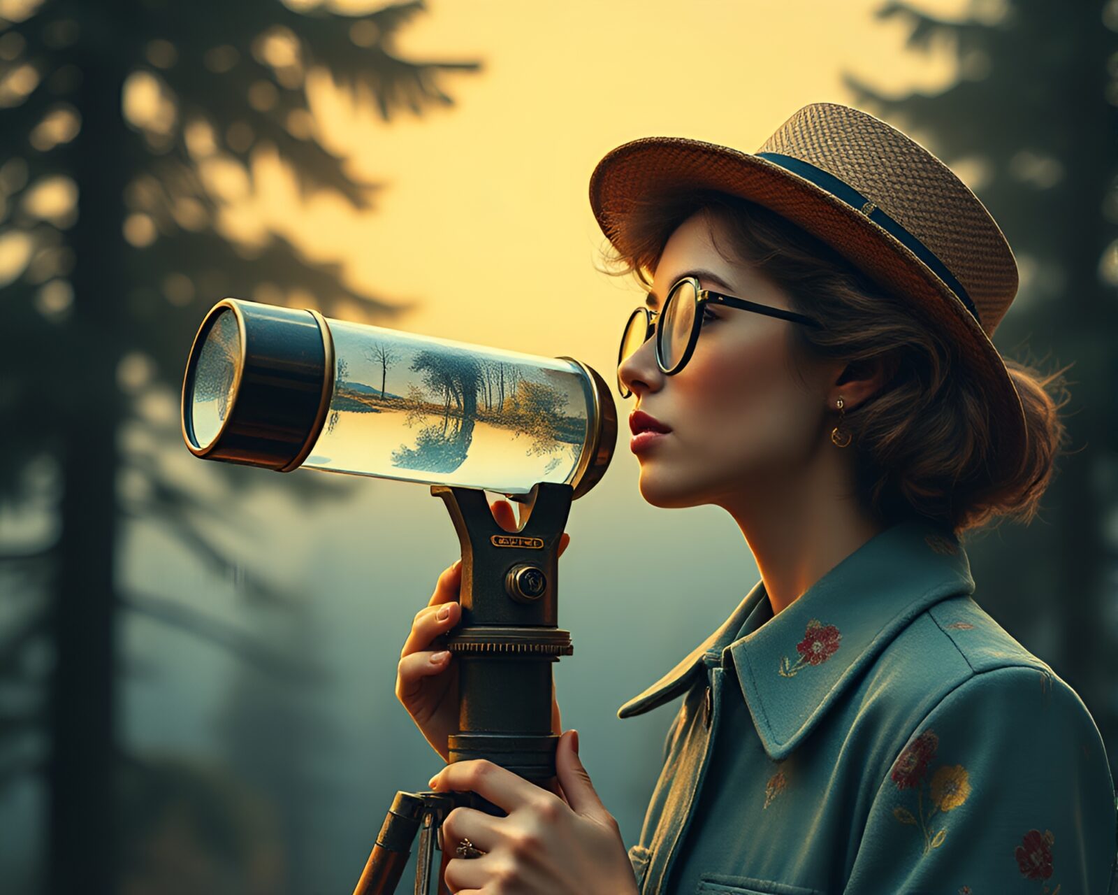 A stylish vintage-inspired portrait featuring a woman with a telescope
