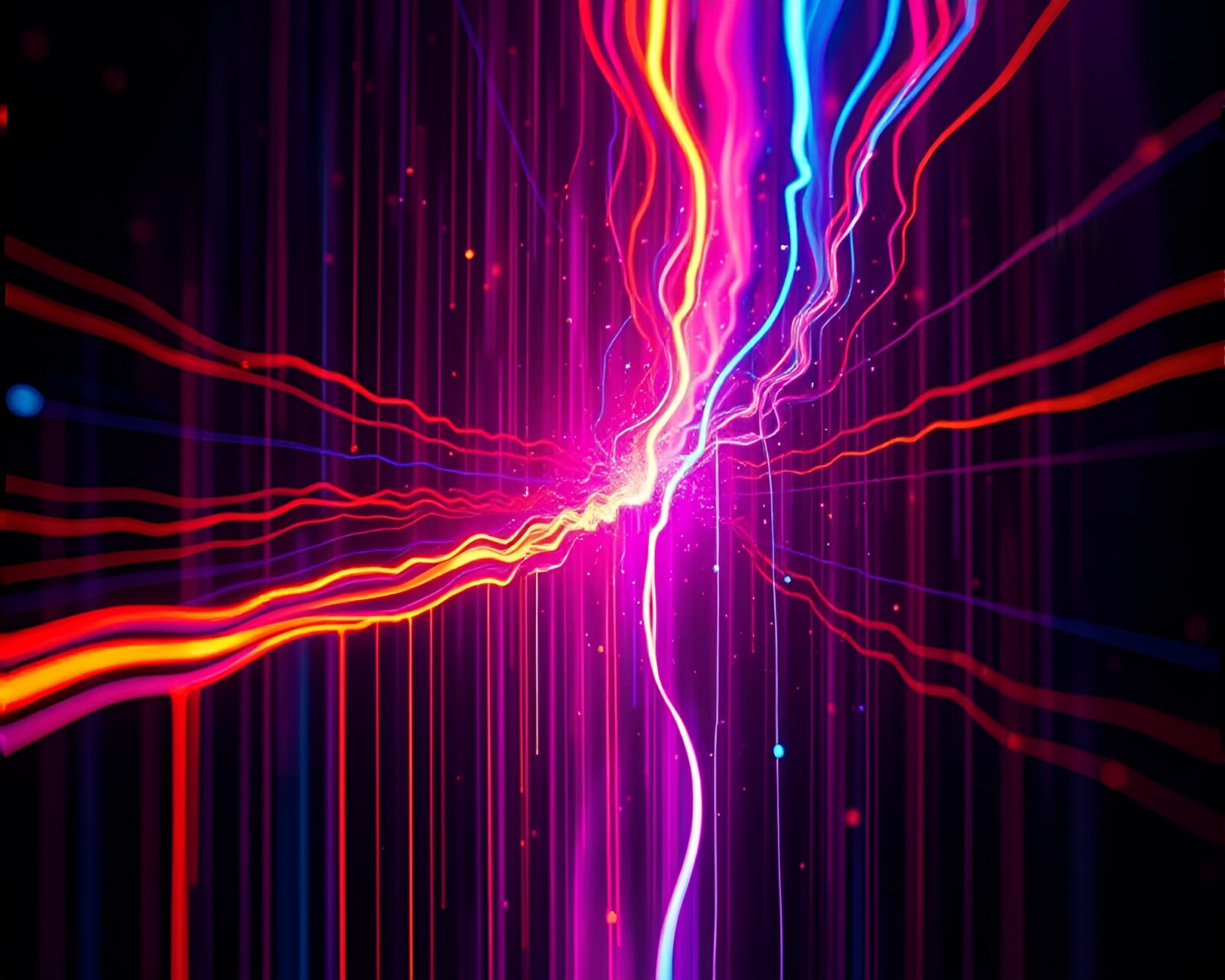 Futuristic figure surrounded by neon light streaks and paint drips