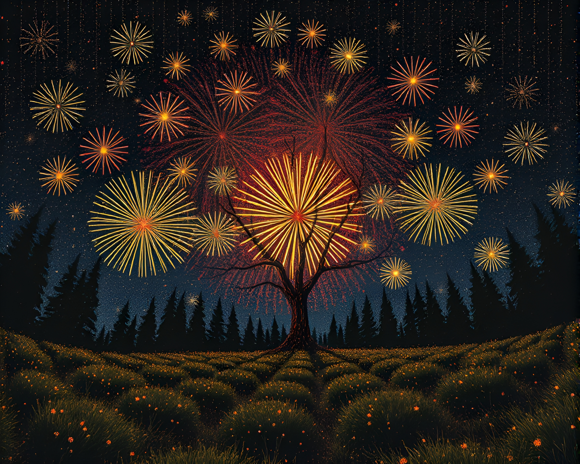 Dadaist Fireworks Collage with Tree Ring Patterns – free AI stock image