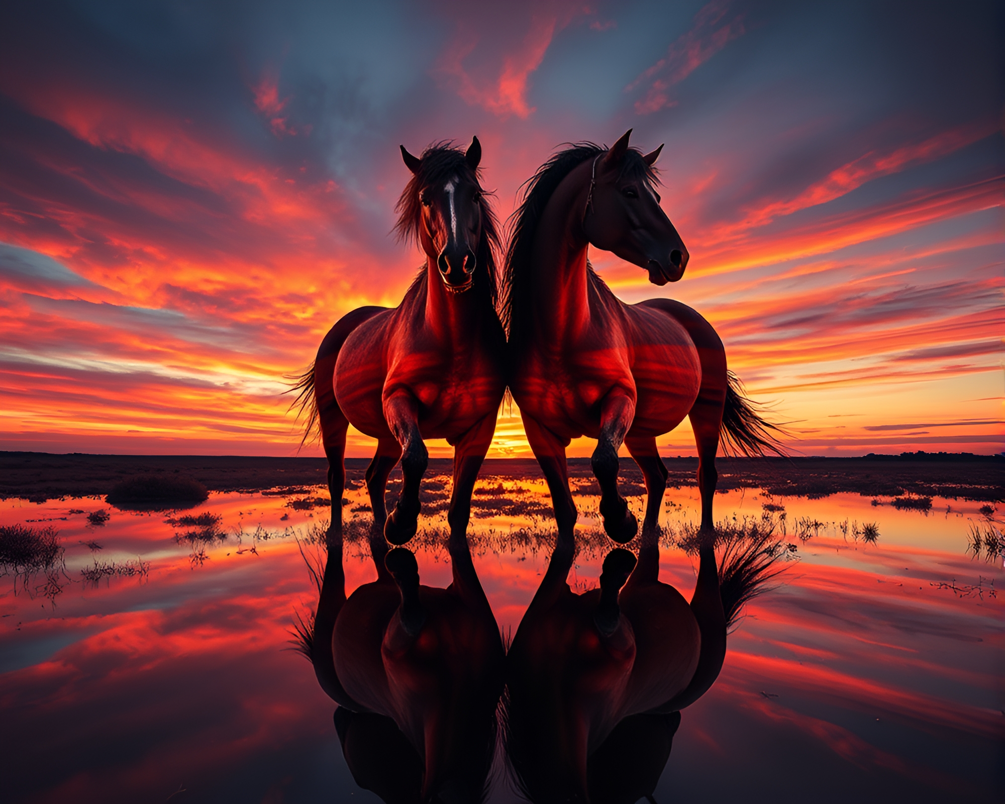 Double Reflection of Wild Stallion at Sunset – free AI stock image