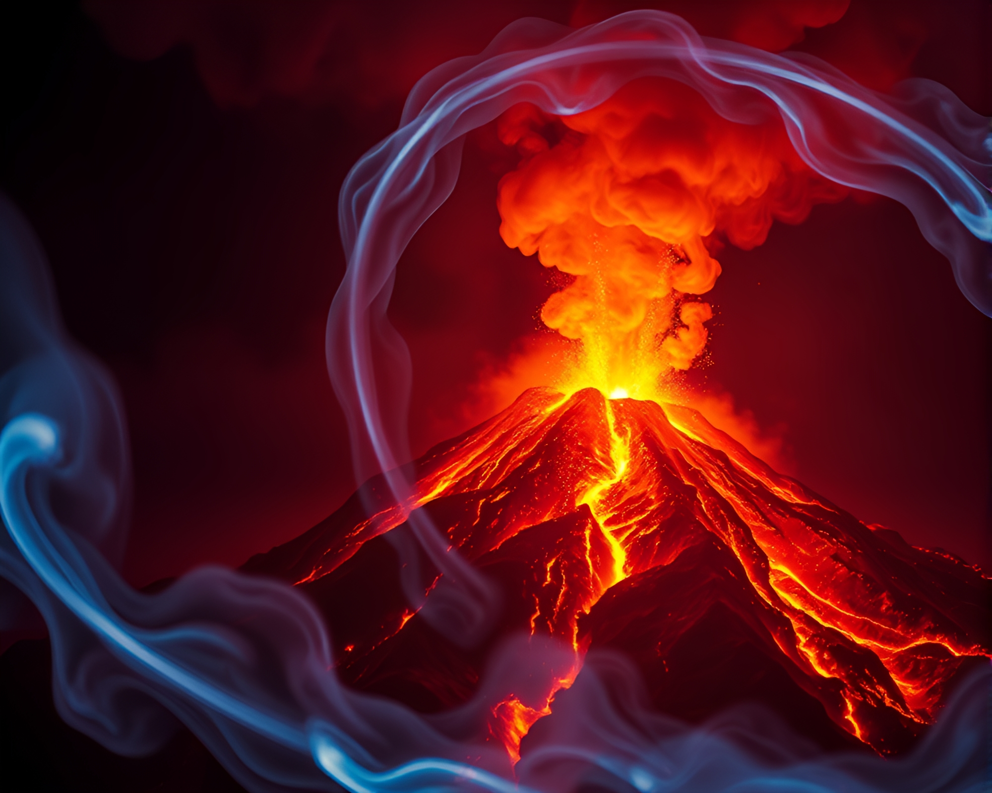 Neon-glazed Volcanic Eruption with Smoke Rings – free AI stock image