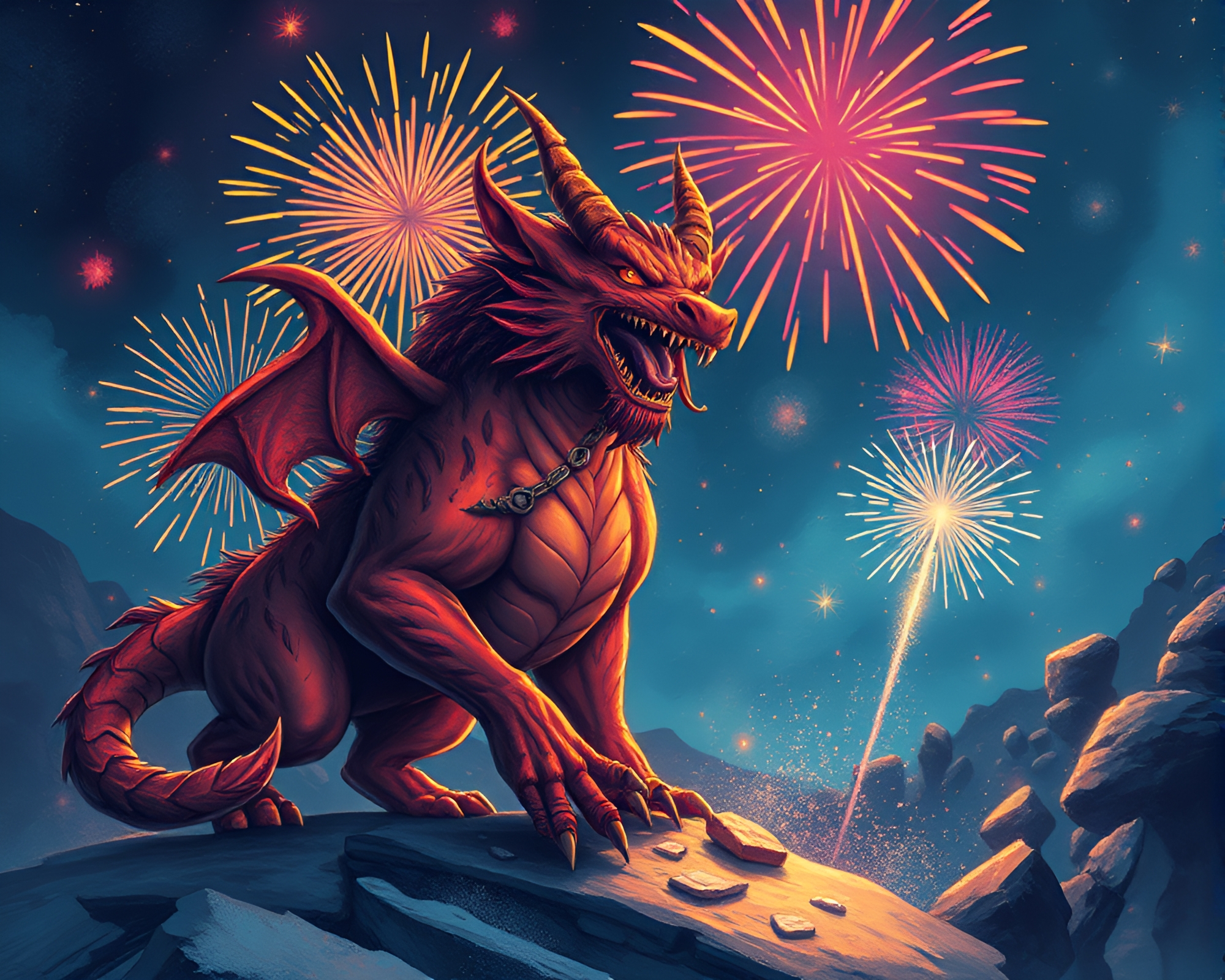 Cerberus and Fireworks: Mythical Celebrations – free AI stock image