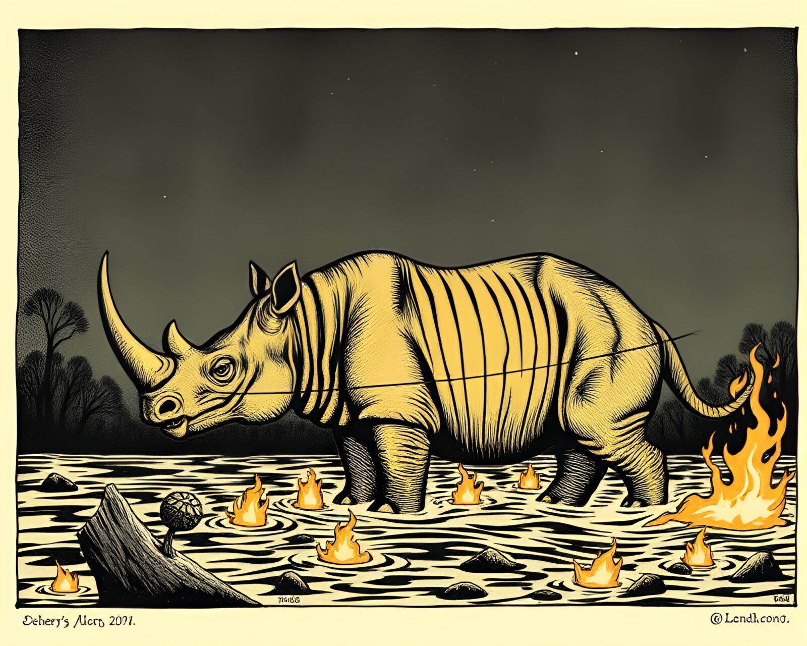 Woodcut print of a rhinoceros surrounded by glowing embers