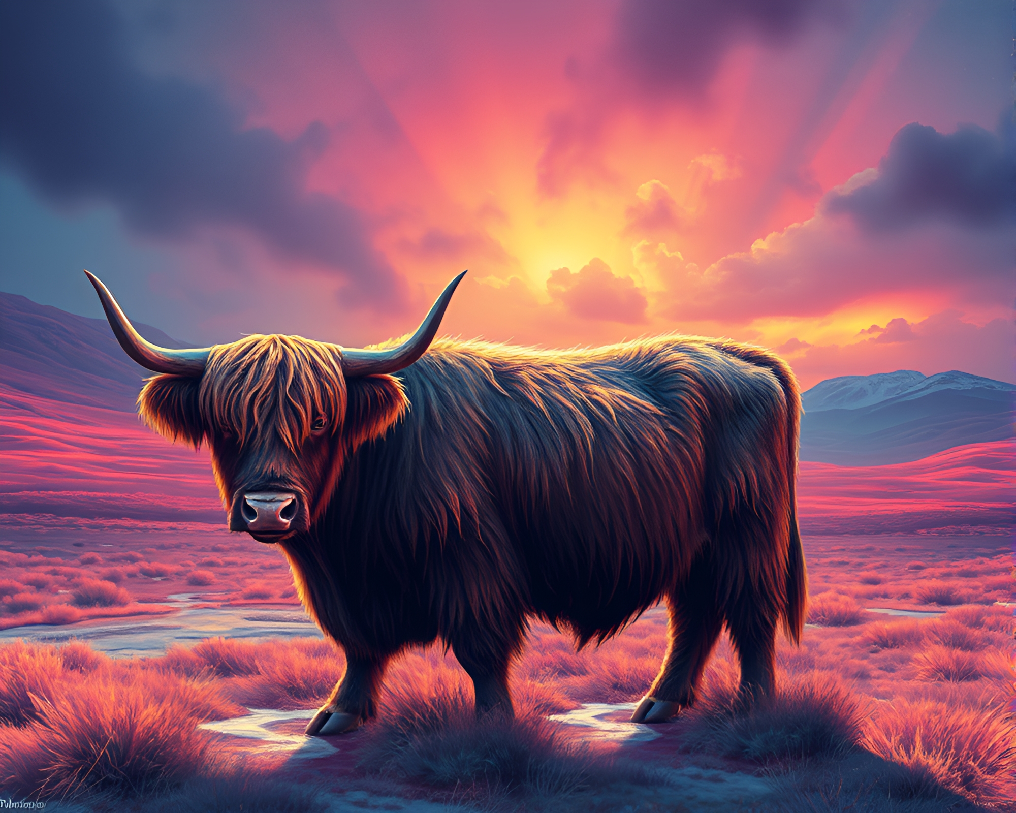 Highland Cow in Oil Slick Rainbow Field – free AI stock image