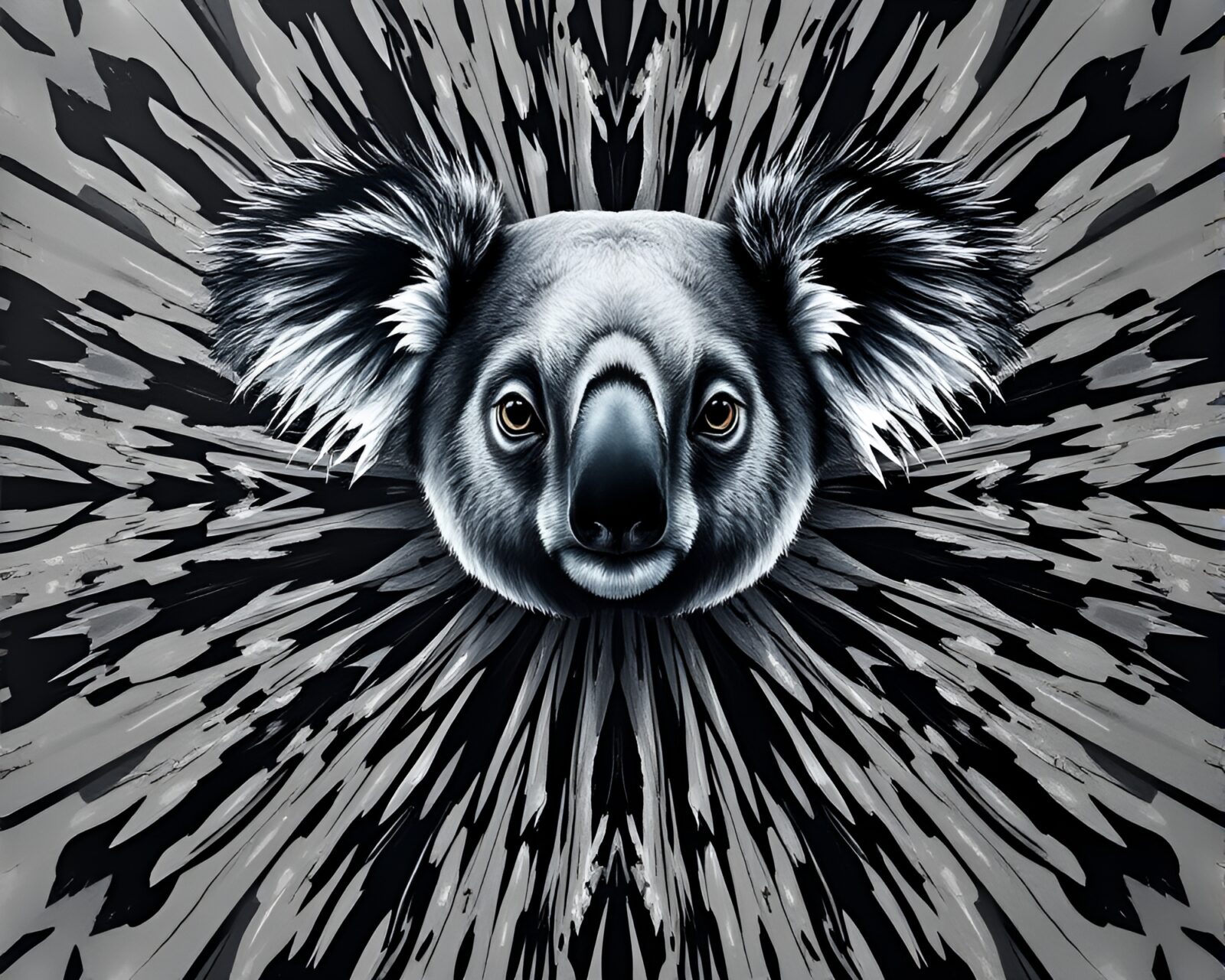 Radially symmetrical koala artwork in gray dripped paint